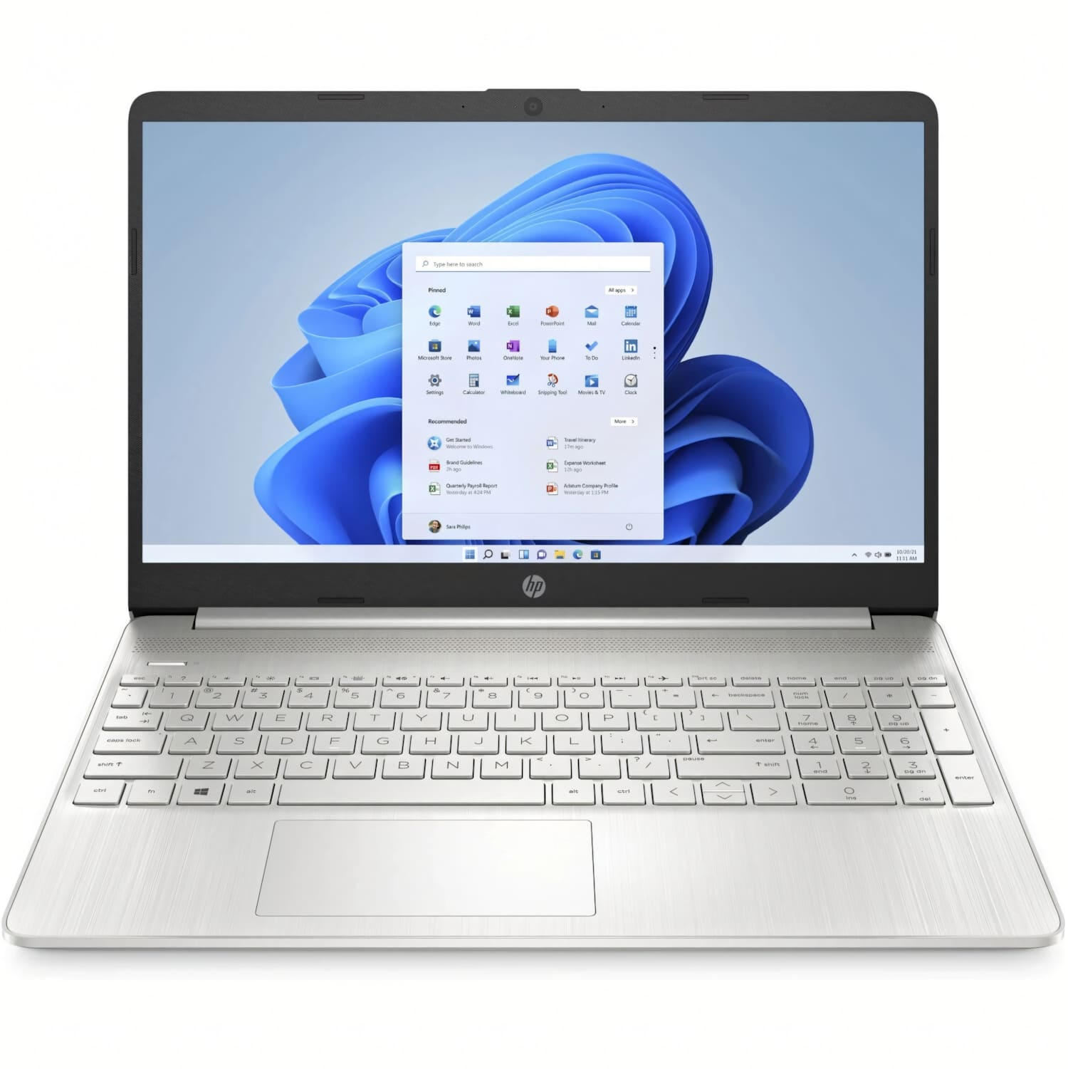 Un portátil HP plateado que muestra el menú de inicio de Windows 11. El teclado es visible y la pantalla muestra iconos de aplicaciones.