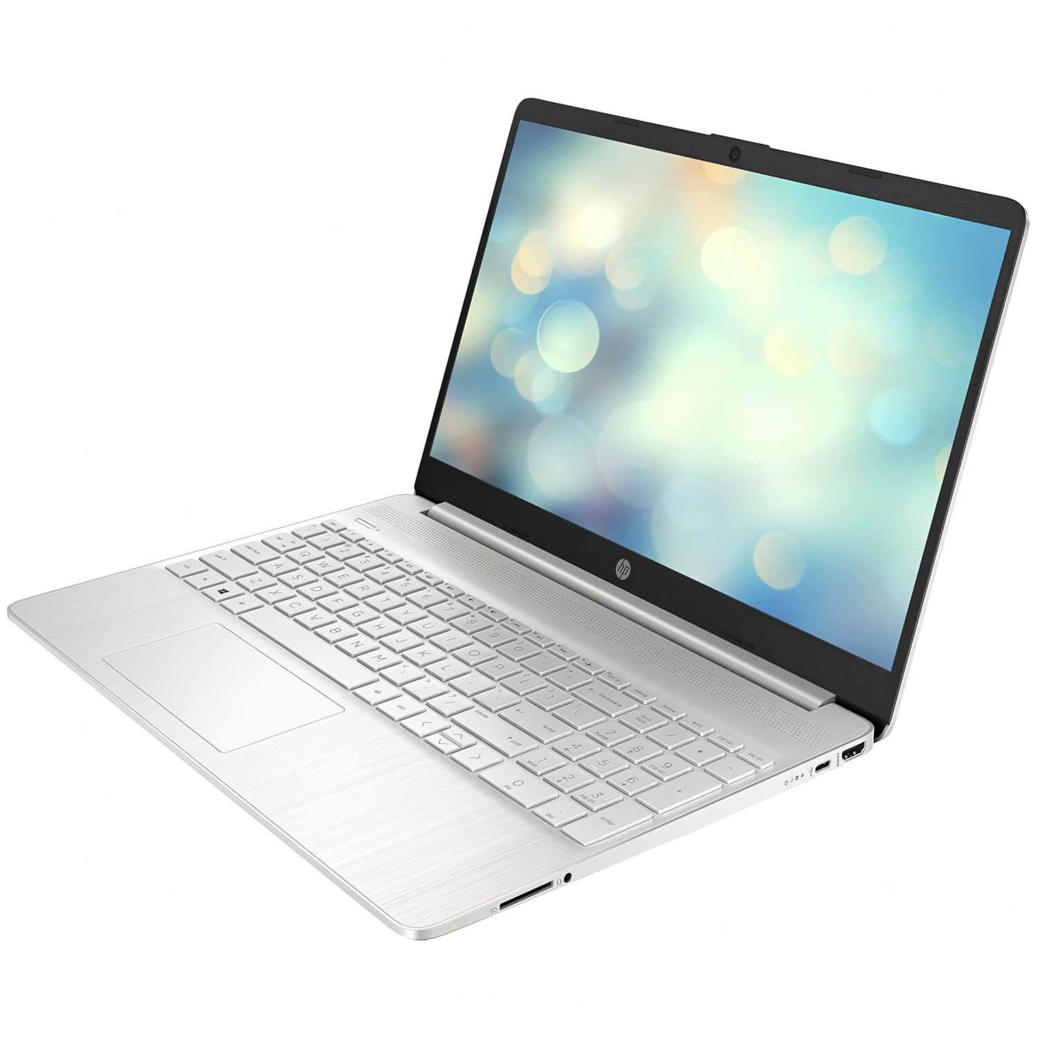 Una laptop HP plateada está abierta. La pantalla muestra un fondo borroso. Se ven el teclado y el panel táctil. El fondo es blanco.