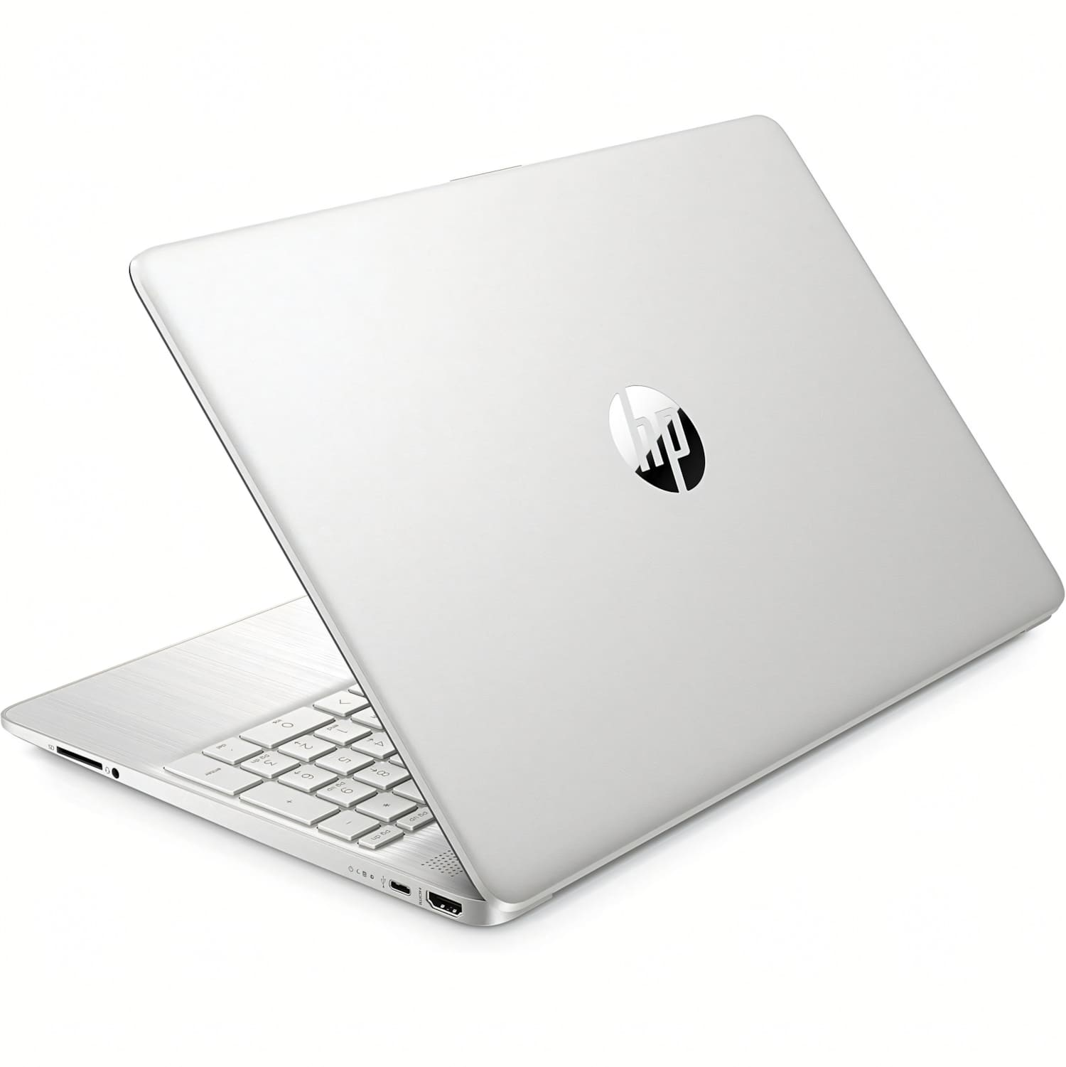 Portátil HP plateado sobre una superficie blanca. La tapa está abierta. Teclado visible. Logotipo HP en la tapa.