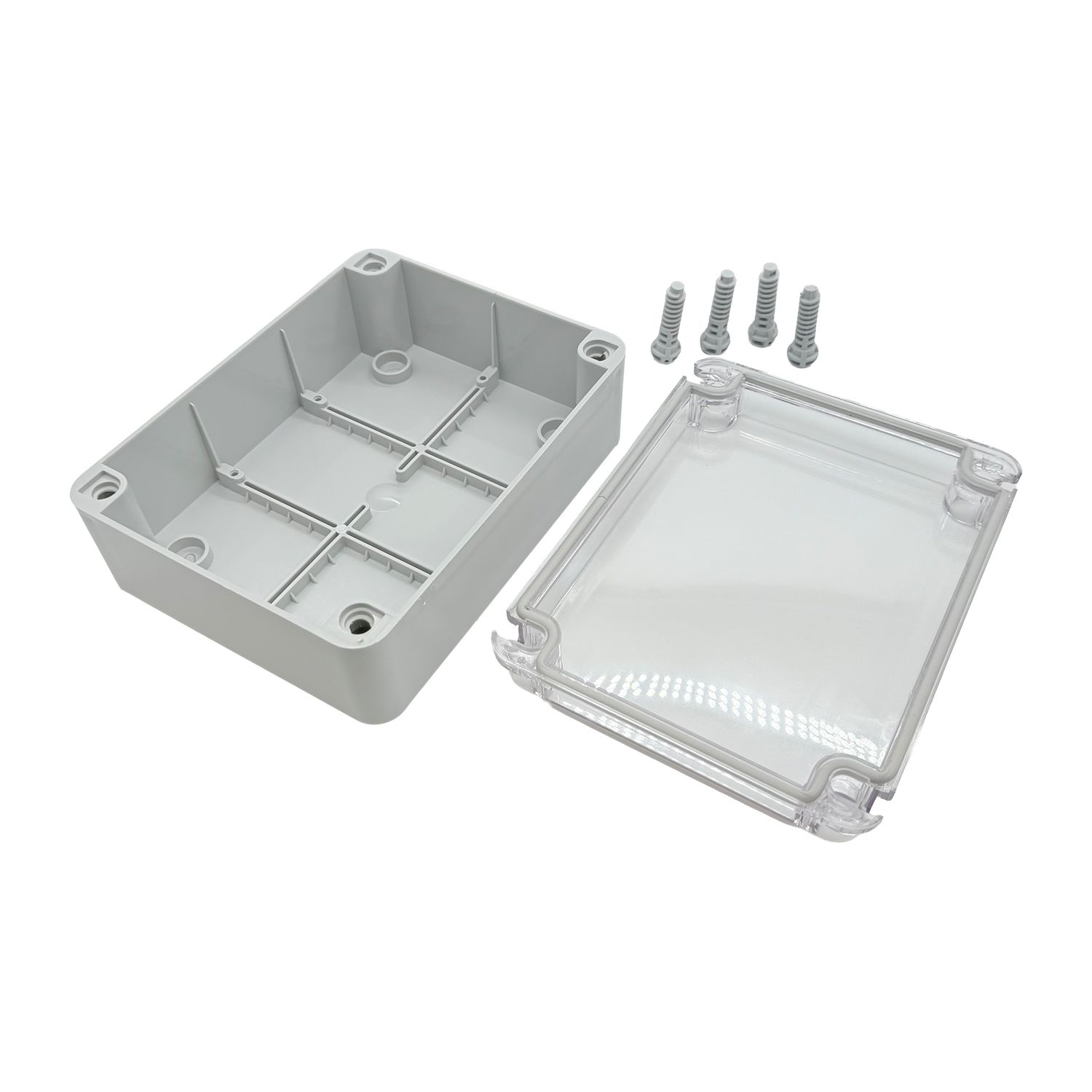 Ein offenes, graues Kunststoff-Elektrogehäuse mit transparentem Deckel und Schrauben. Die offene Box und der Deckel liegen nebeneinander auf weißem Hintergrund.