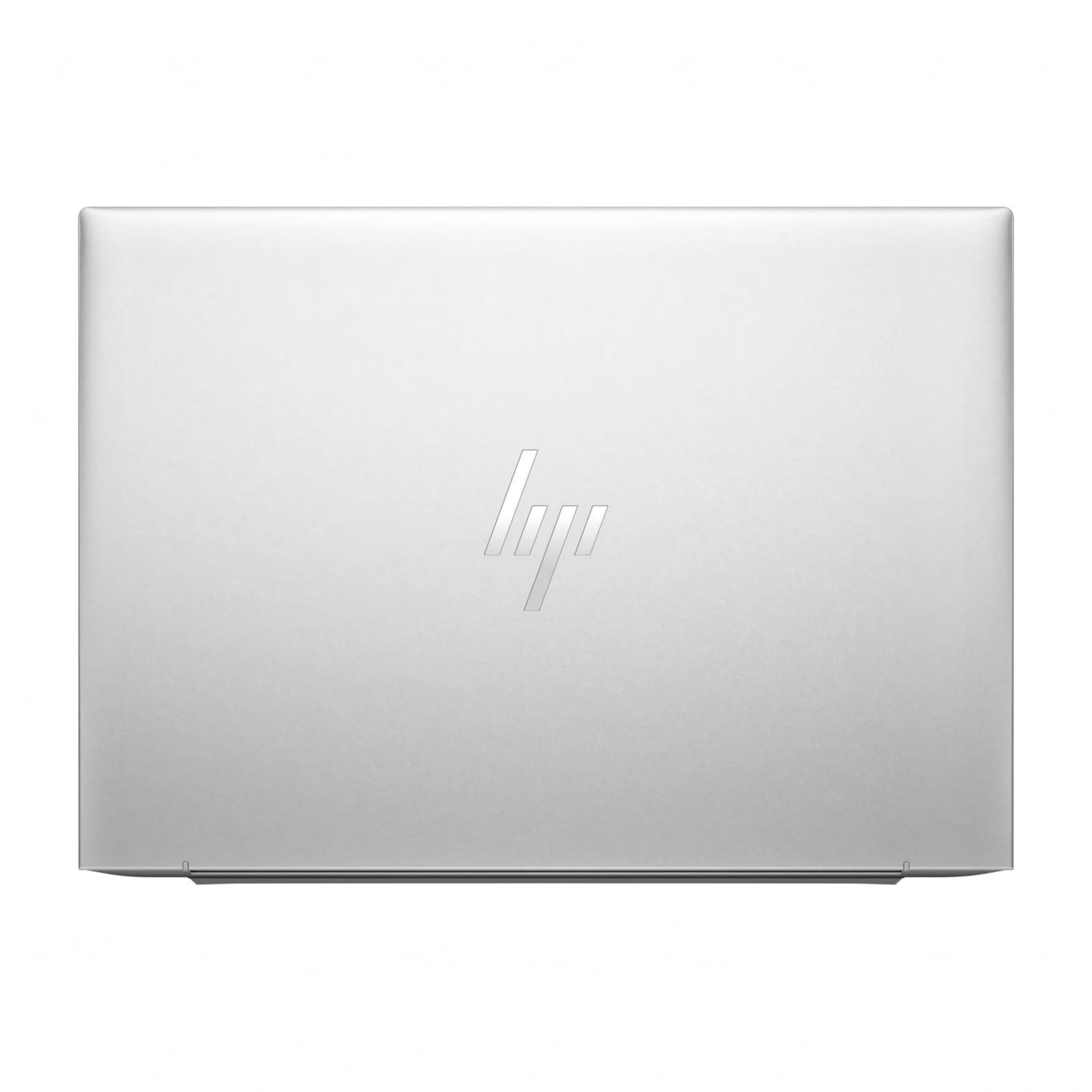 Se muestra una computadora portátil plateada desde arriba. El logotipo de HP es visible. La computadora portátil está cerrada sobre fondo blanco.