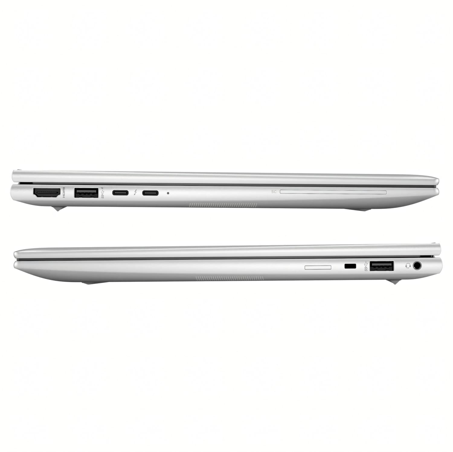 Dos portátiles plateados se muestran de perfil. El portátil superior muestra puertos como HDMI, USB y Thunderbolt. El inferior muestra USB, conector para auriculares.
