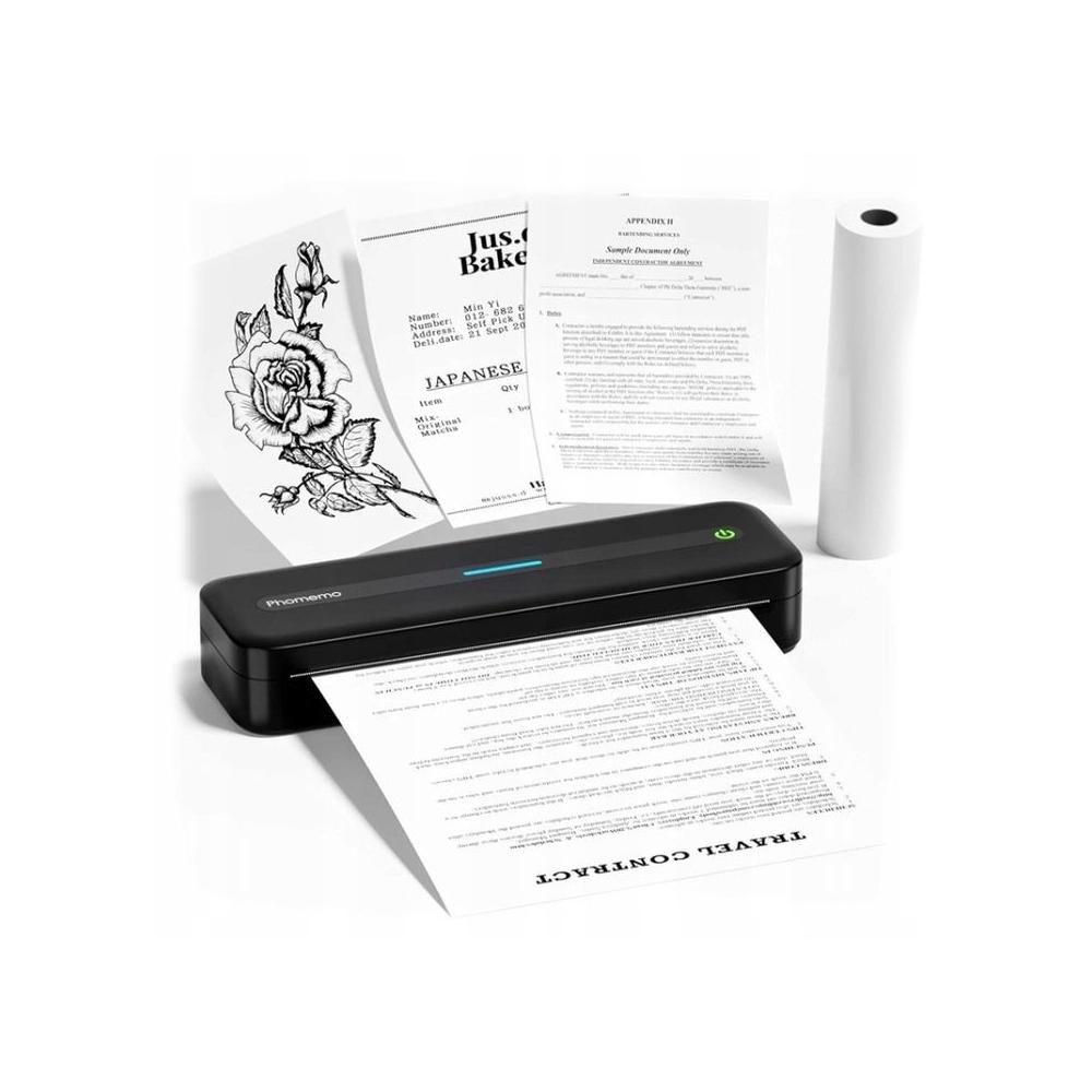 Czarna drukarka z wychodzącym dokumentem, papiery, rolka papieru i dokumenty z tekstem japońskim i angielskim są obecne.