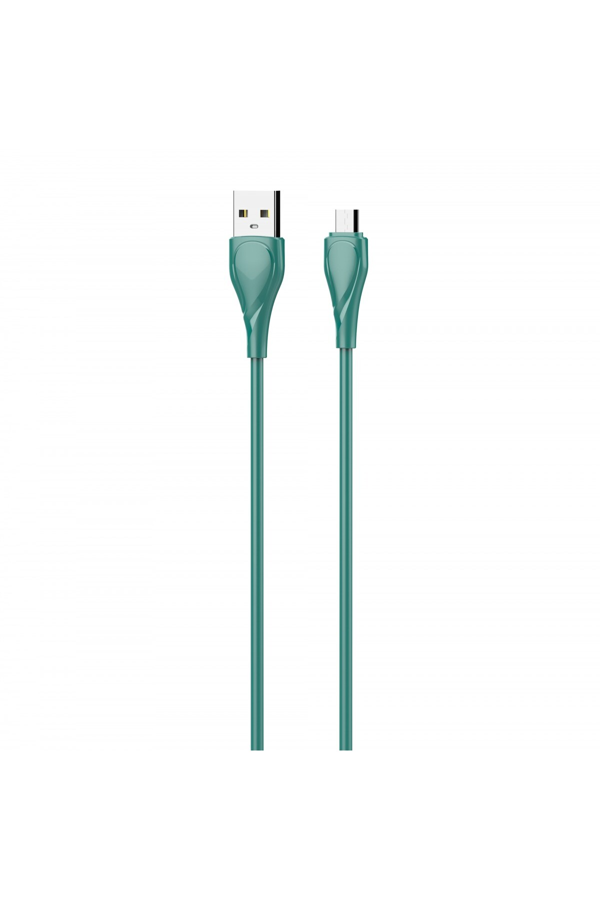 Beyaz bir arka plan üzerinde dikey olarak ortalanmış, turkuaz bir USB şarj kablosu. Bir ucu USB, diğeri micro-USB'dir.