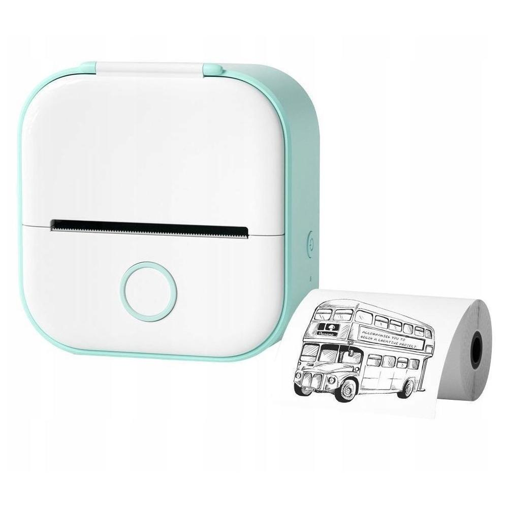 Biało-zielona drukarka z rolką papieru z ilustracją piętrowego autobusu.