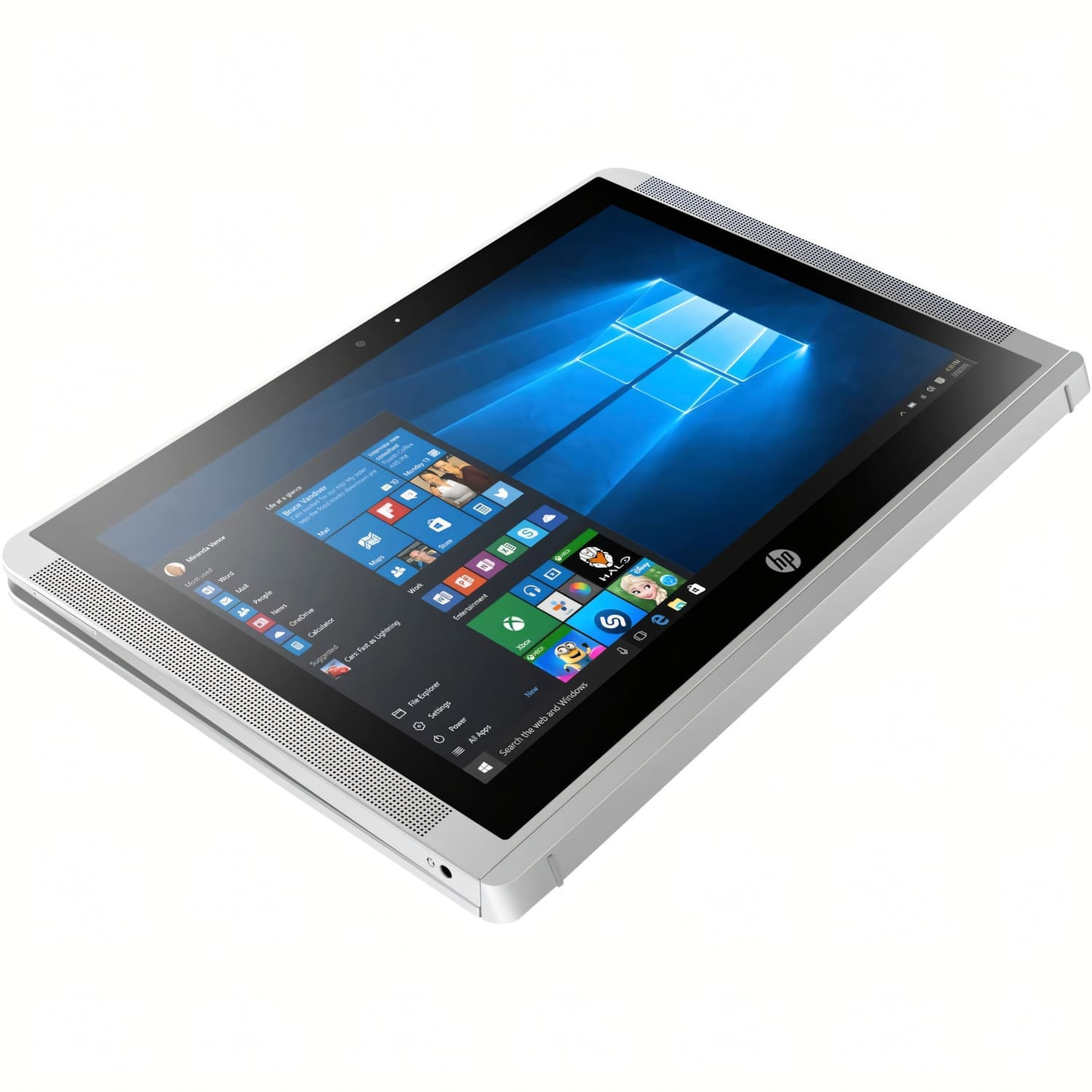 Una tableta HP plateada que muestra la interfaz de Windows. La pantalla muestra iconos de aplicaciones, con un fondo azul. La tableta está en ángulo.
