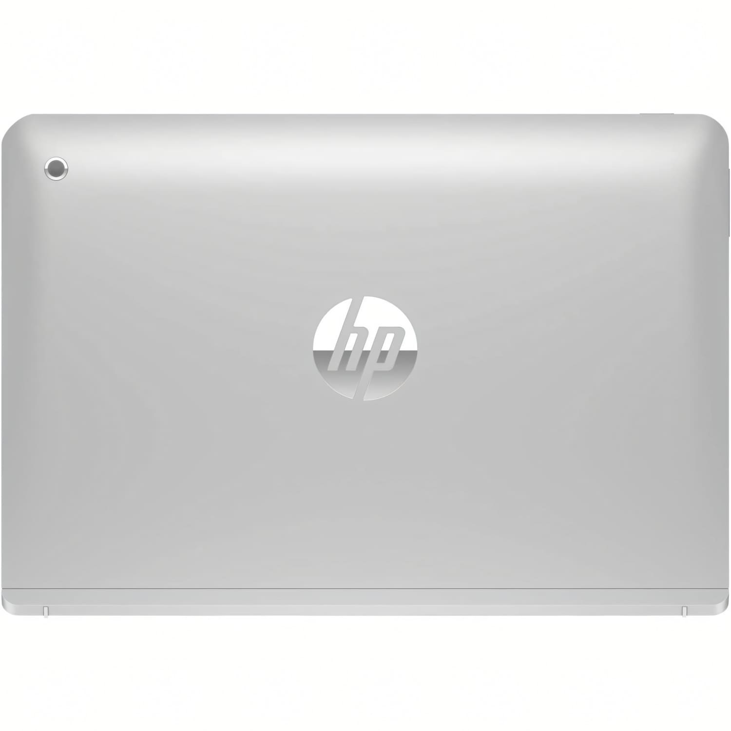 Una tableta plateada con el logotipo de HP en el centro. Una pequeña lente de cámara está en la parte superior izquierda. El dispositivo está sobre un fondo blanco.