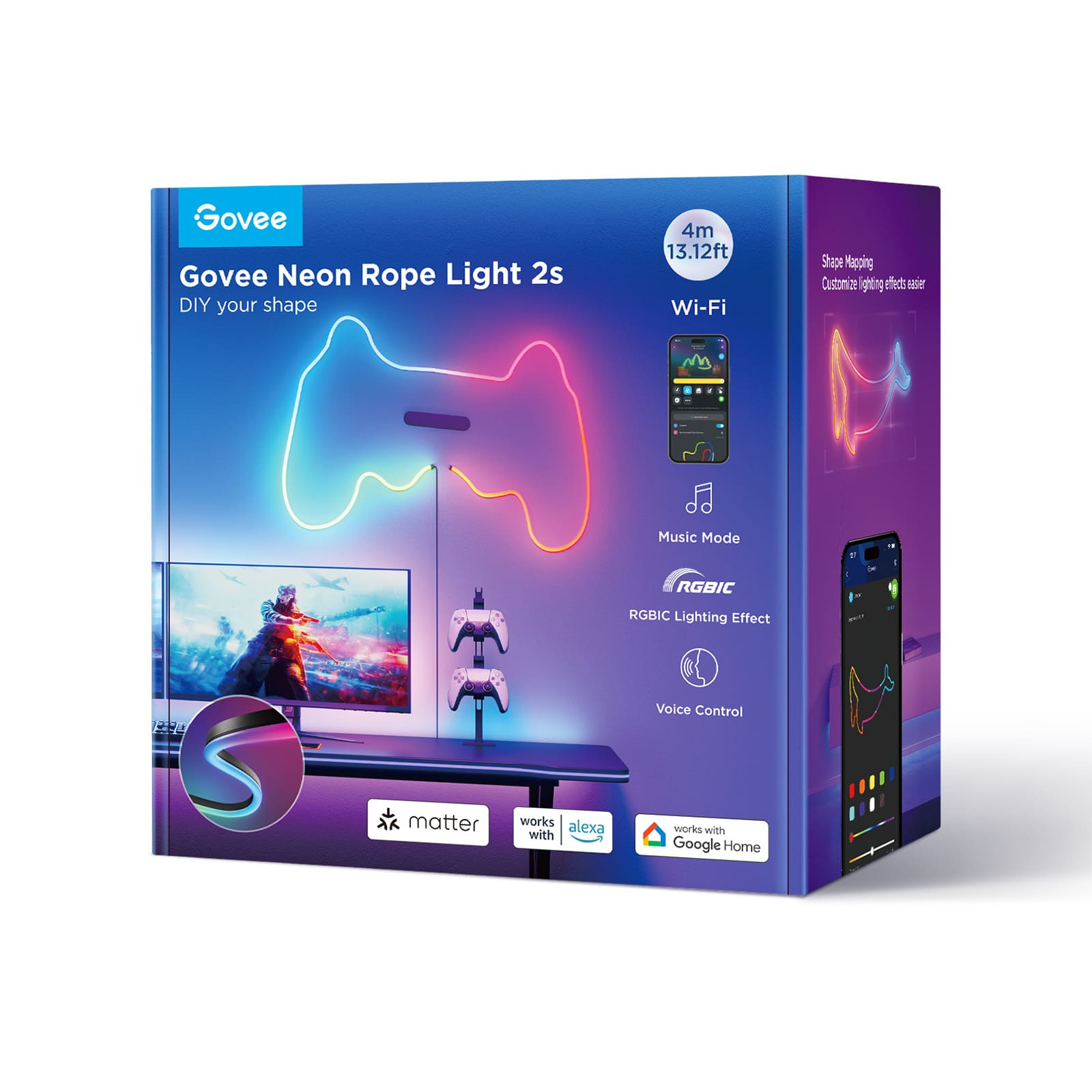 Boîte pour Govee Neon Rope Light 2s. Montre une forme de manette. Fonctions : Wi-Fi, mode musique, commande vocale et éclairage RGBIC.