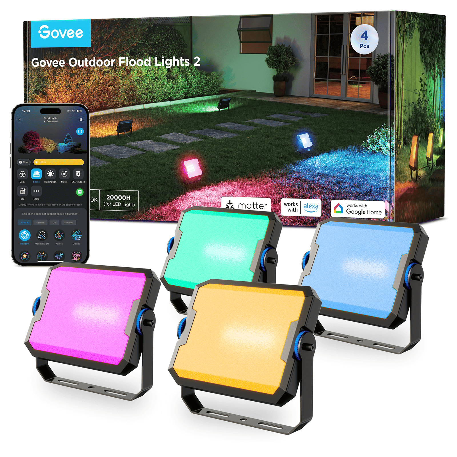 Projecteurs d'extérieur Govee, avec un téléphone affichant l'interface de l'application. Les lumières de différentes couleurs sont affichées.