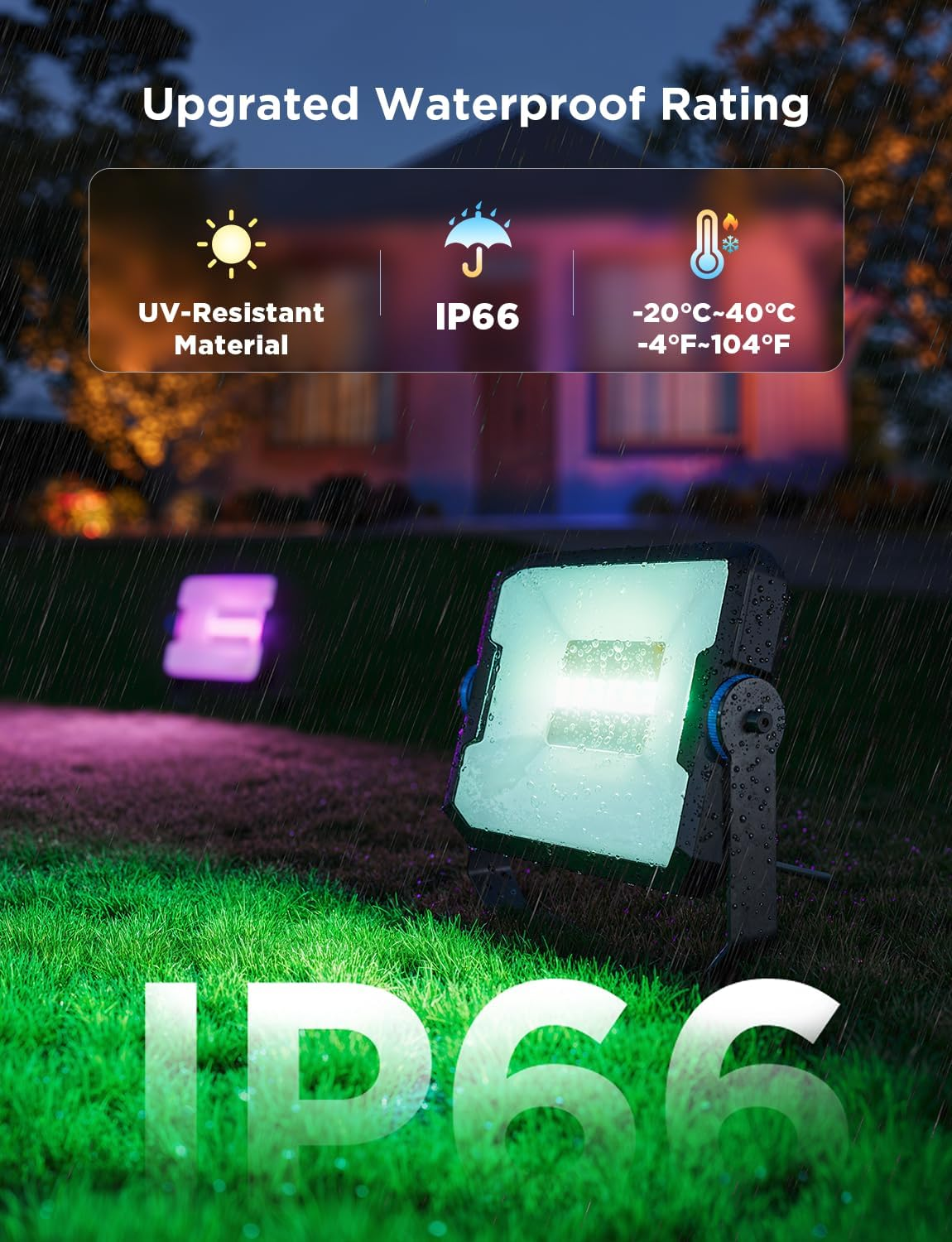 L'image montre un projecteur avec un indice IP66. Le texte met en évidence la résistance aux UV et la plage de température. Herbe verte et pluie dans la scène.
