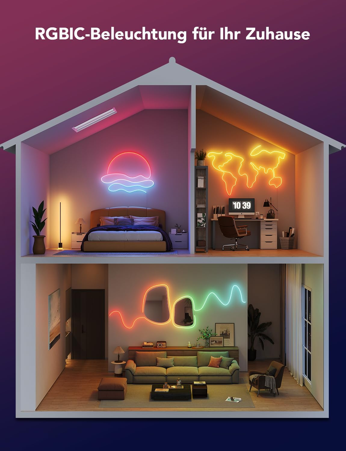 Maison avec éclairage néon. Chambre avec coucher de soleil, bureau avec carte du monde et salon avec ligne ondulée.