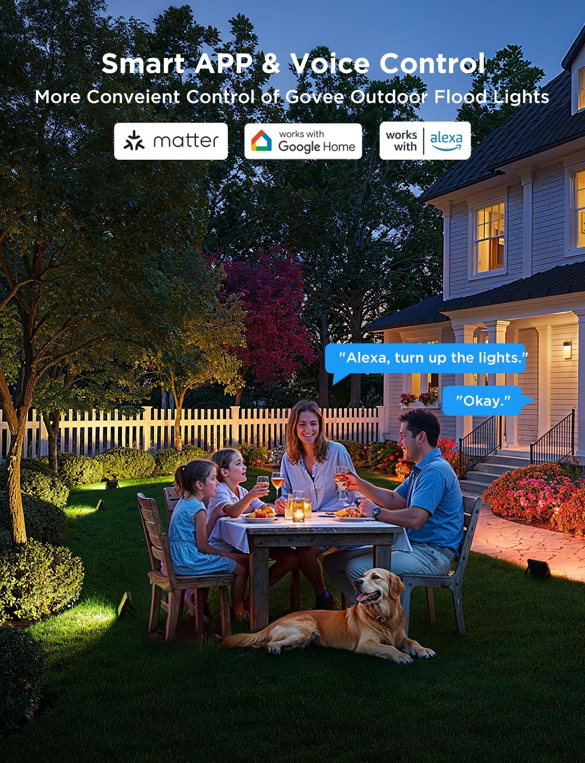 Famille dînant en plein air, éclairée par des projecteurs. Un chien est près de la table. La scène comprend des arbres, une maison et une clôture blanche.