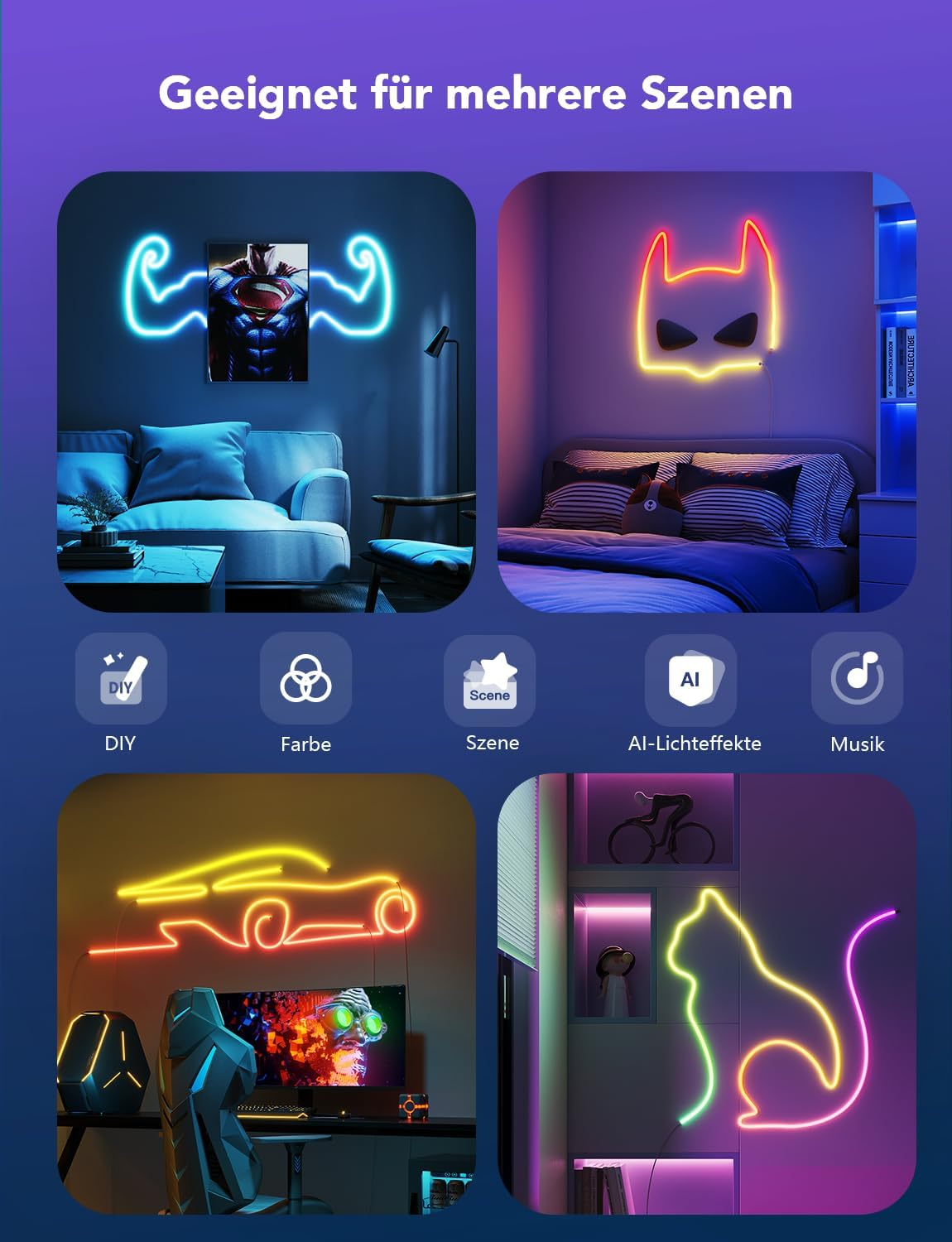 L'image montre des enseignes au néon : Superman, Batman, une voiture et un chat. Les icônes incluent le bricolage, la couleur, la scène, les effets de lumière IA et la musique.