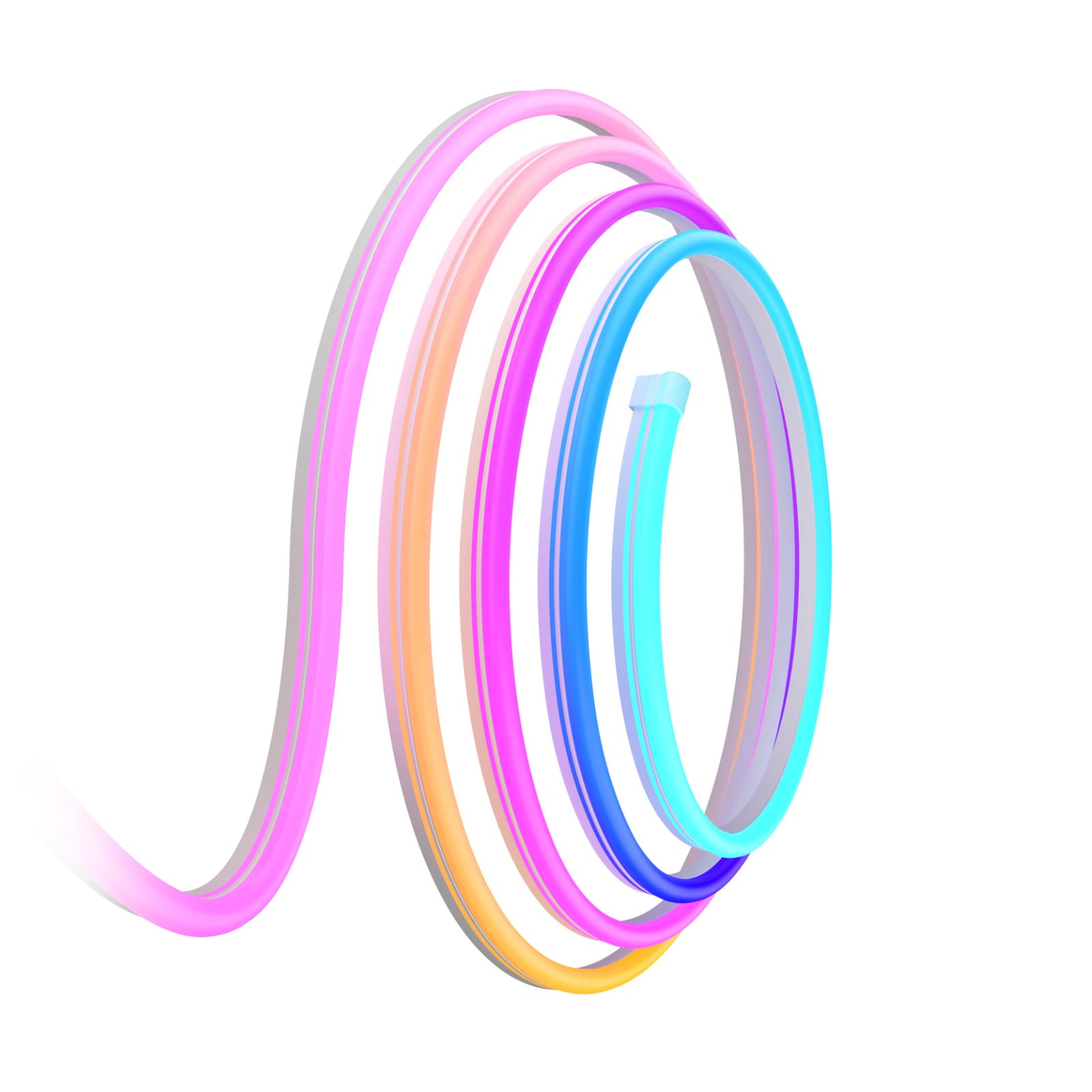 Een kleurrijke, opgerolde neonlichtstrip met roze, oranje, paarse, blauwe en cyaan segmenten op een witte achtergrond.
