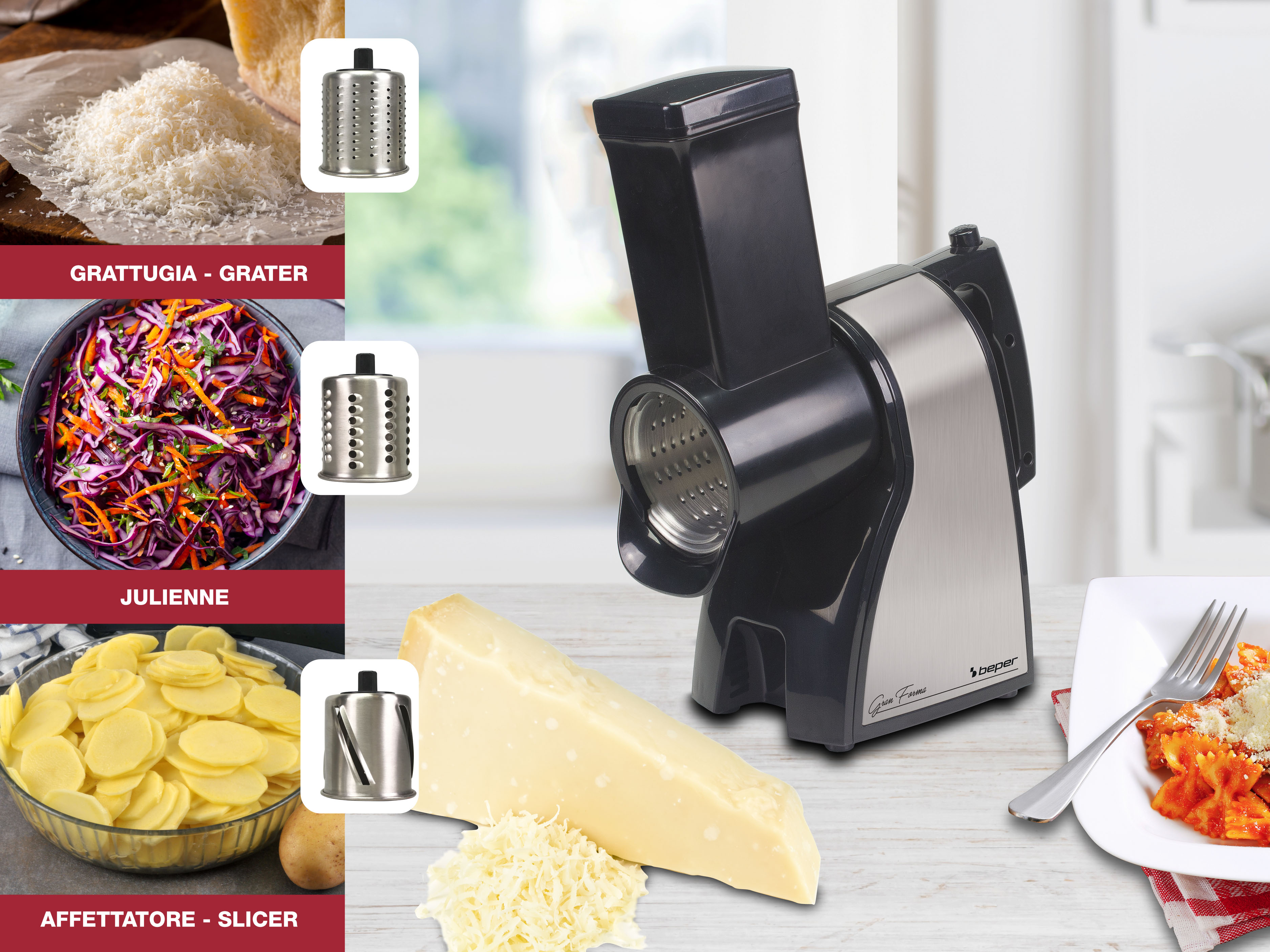 Eine Küchenmaschine mit Käse, Gemüse und Pasta. Es gibt einen Reibe-, Julienne- und Aufsatz.