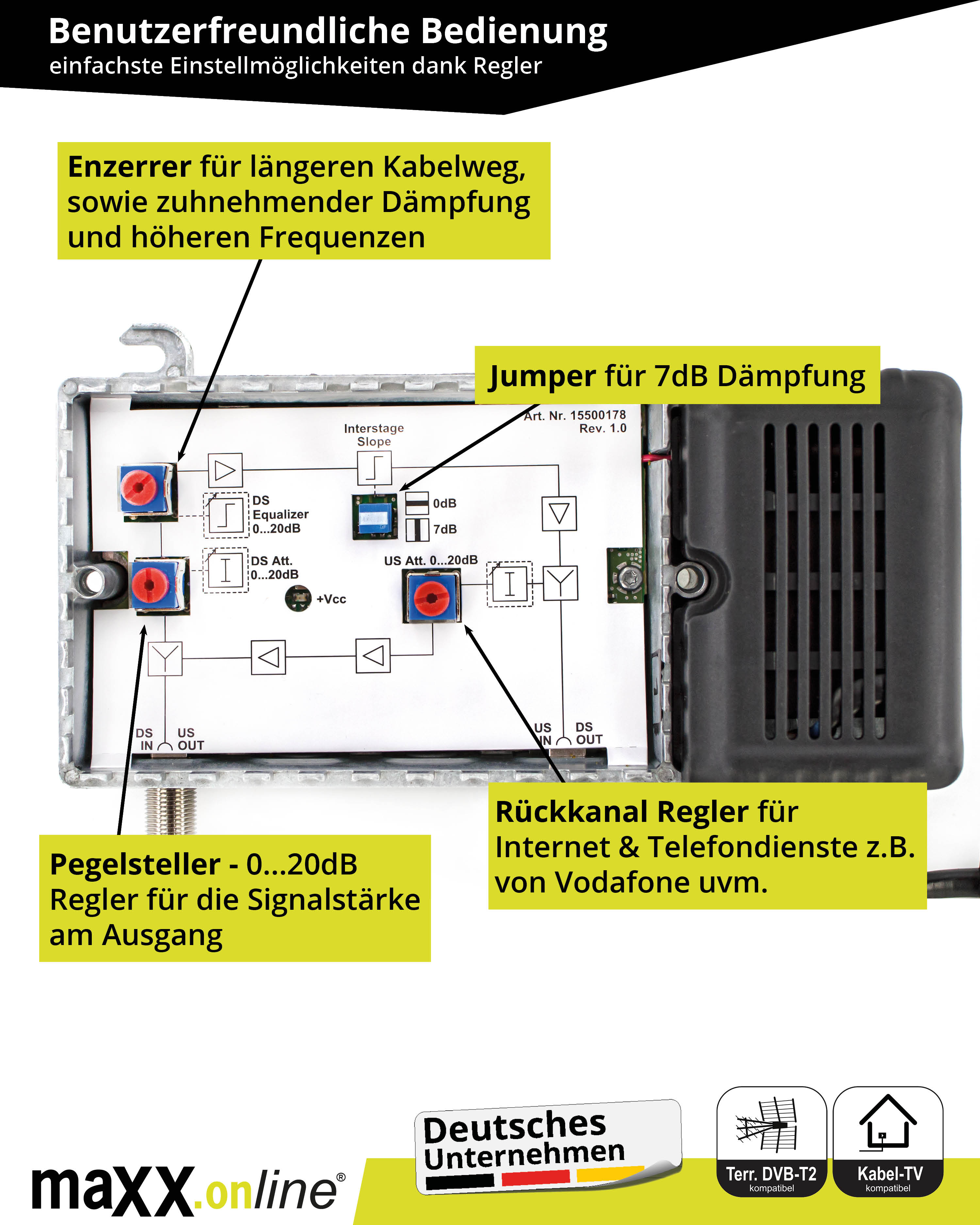 Eine Leiterplatte mit deutschem Text. Sie hat einstellbare Knöpfe, Eingangs-/Ausgangsanschlüsse und elektronische Komponenten.
