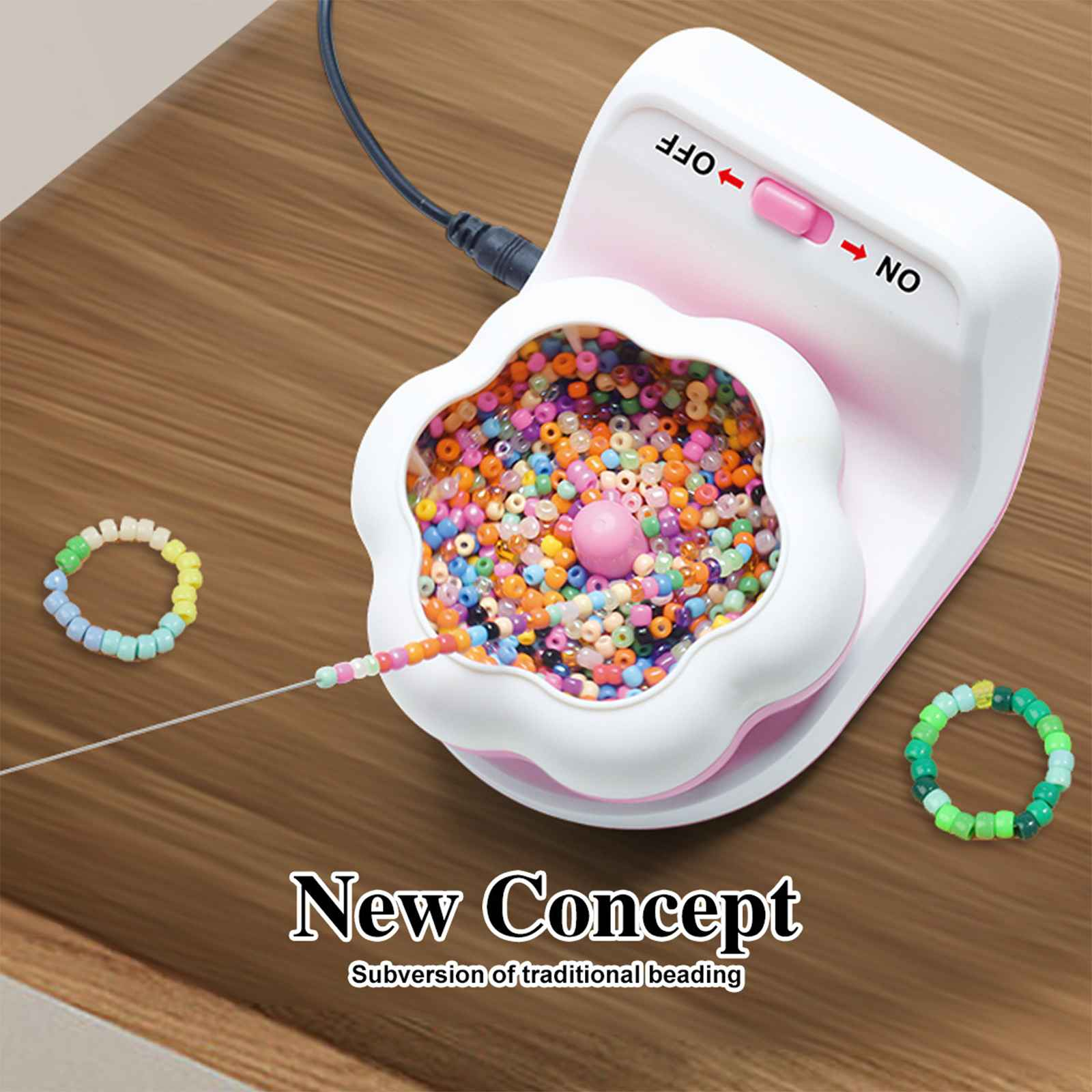 Ein weiß-rosa Perlenspinner mit bunten Perlen, drei Armbändern und dem Text 'New Concept'.