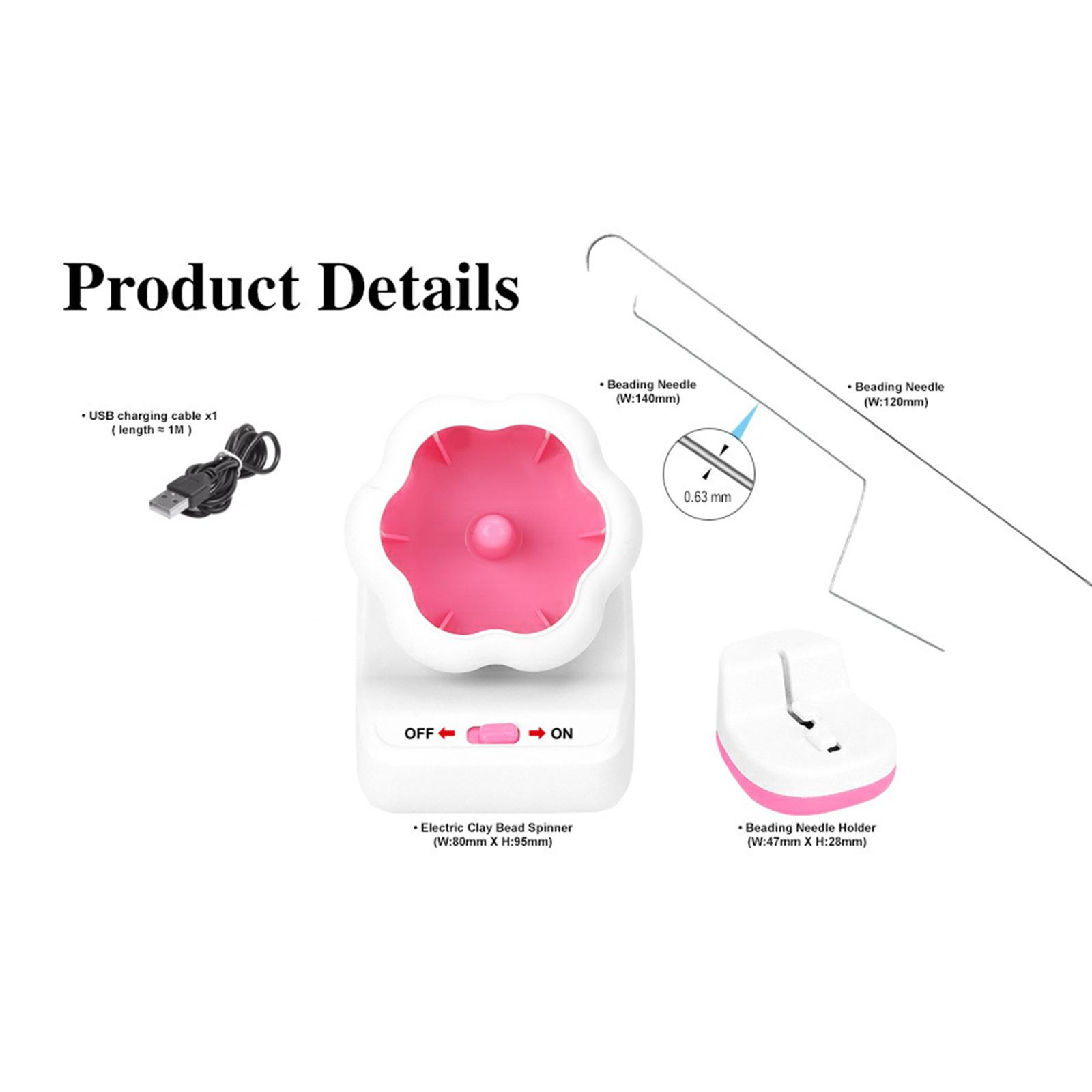 Produktdetails: Spinner, Nadel, Halter und Kabel. Spinner weiß mit rosa. Nadel und Halter. Kabel links.