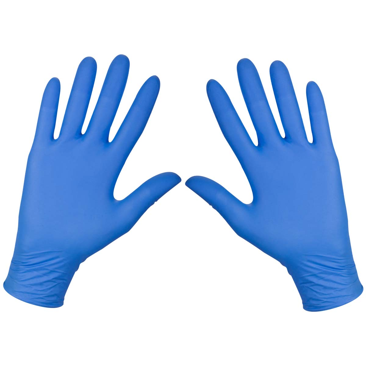 Zwei blaue Latexhandschuhe vor weißem Hintergrund. Sie sind offen, mit gespreizten Fingern, als wären sie tragbar.
