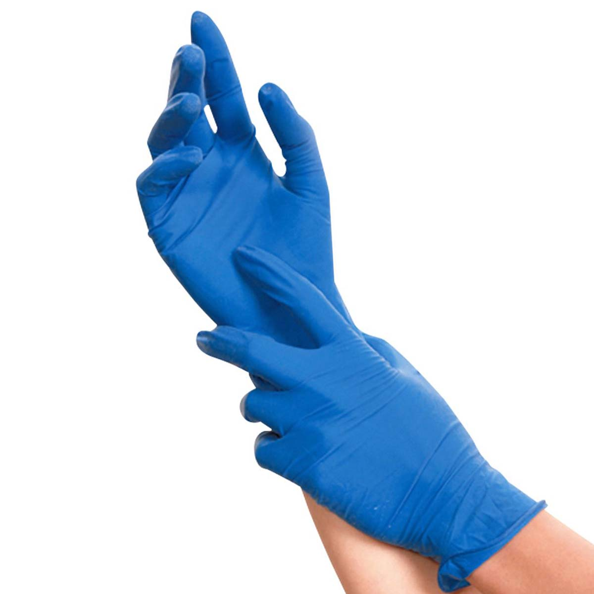 Zwei Hände, die blaue medizinische Handschuhe tragen, vor weißem Hintergrund.