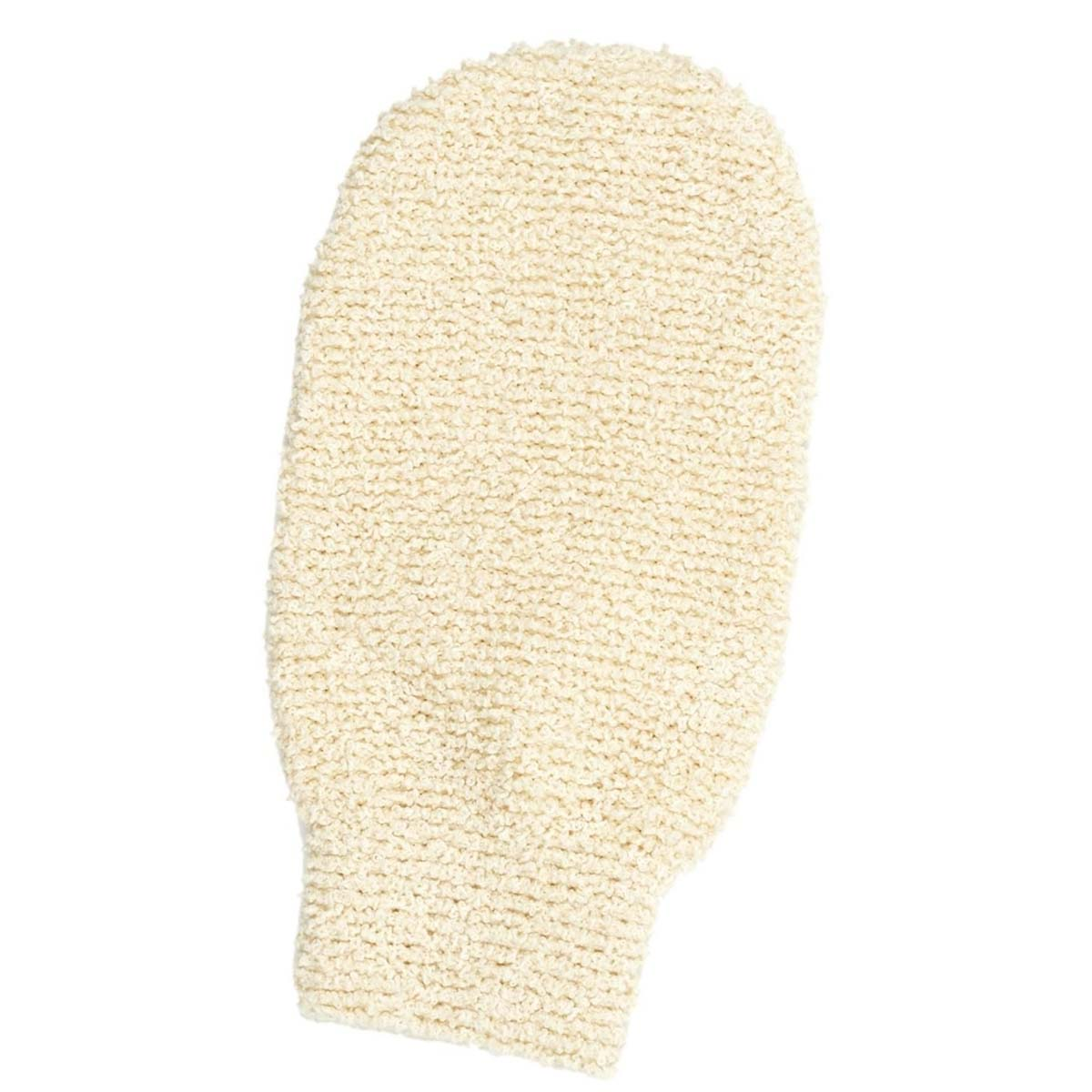 Un guanto da bagno beige e strutturato. È di forma ovale con un polsino in basso. Lo sfondo è bianco.
