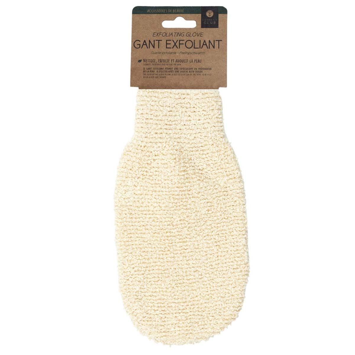 Un guanto esfoliante beige appeso a un'etichetta di cartone. L'etichetta recita 'GANT EXFOLIANT' e 'EXFOLIATING GLOVE'.