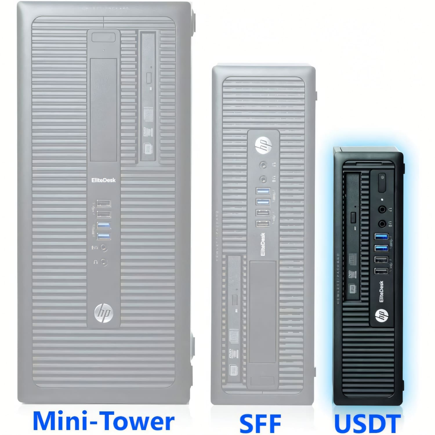 Tres computadoras HP EliteDesk: Mini-Torre, SFF y USDT. Son de varios tamaños y colores, siendo la USDT negra.