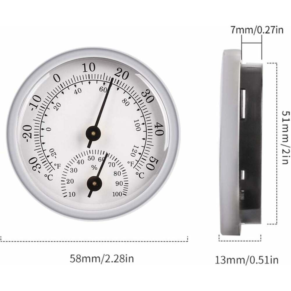 Ein weißes rundes Thermometer mit schwarzen Nadeln und Zahlen sowie eine Seitenansicht mit Abmessungen. Es misst Temperatur und Luftfeuchtigkeit.