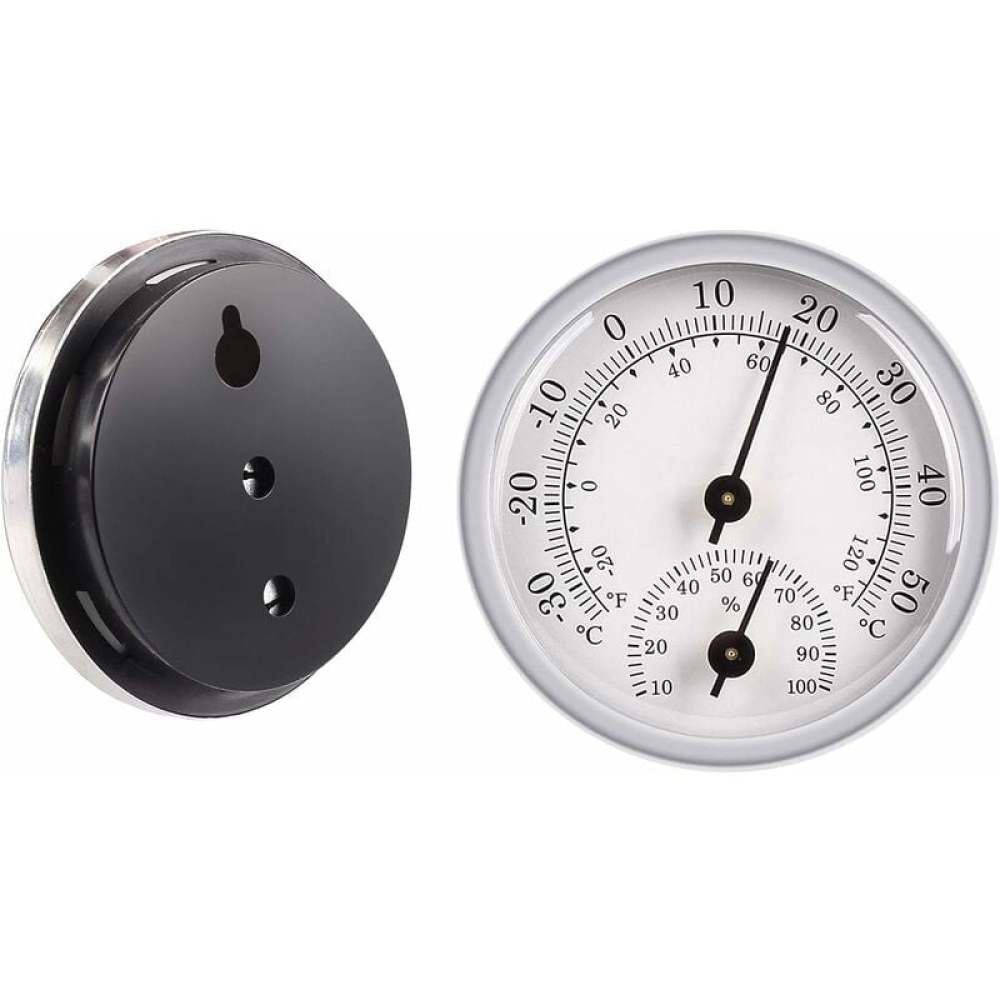 Eine Kombination aus Thermometer und Hygrometer. Das Thermometer zeigt 20 Grad, das Hygrometer 60 % Luftfeuchtigkeit an.