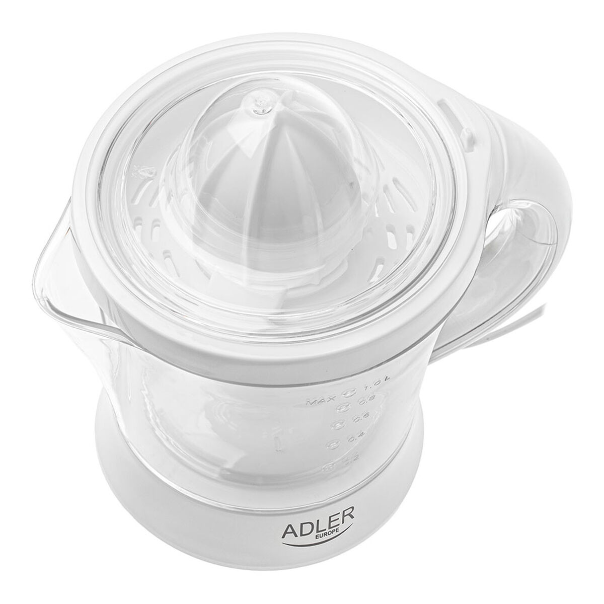 Uno spremiagrumi elettrico bianco con coperchio trasparente e contenitore per il succo trasparente. Il marchio è Adler.