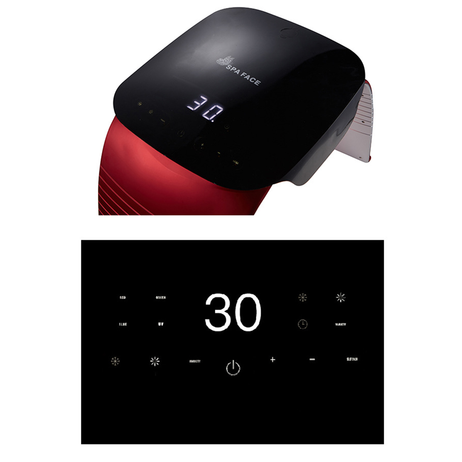 Un dispositivo Spa Face nero e rosso. Mostra il numero 30 sullo schermo. Il dispositivo ha pulsanti e un display digitale.