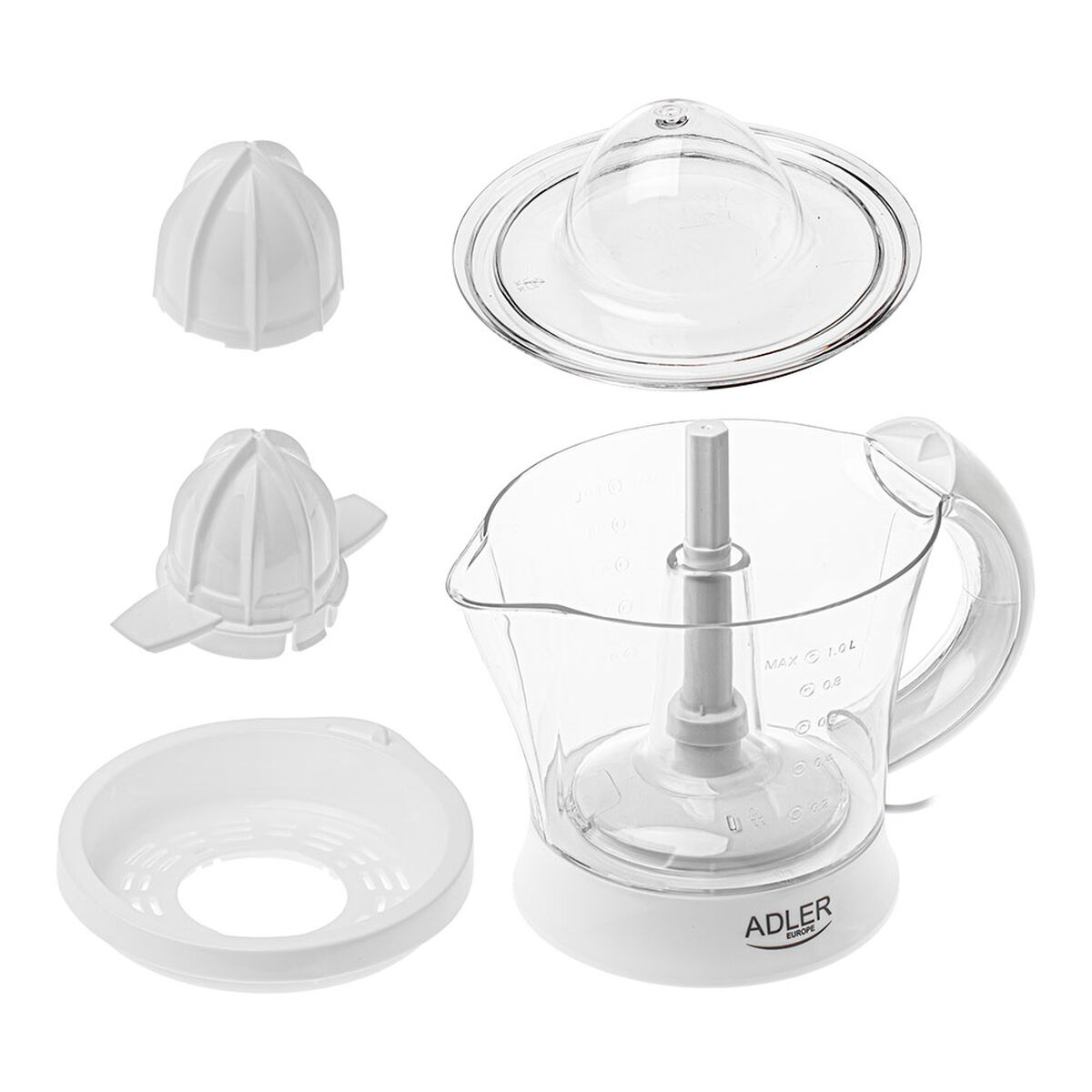Uno spremiagrumi bianco e trasparente smontato. Include una base, una caraffa, un coperchio, due alesatori e un filtro.
