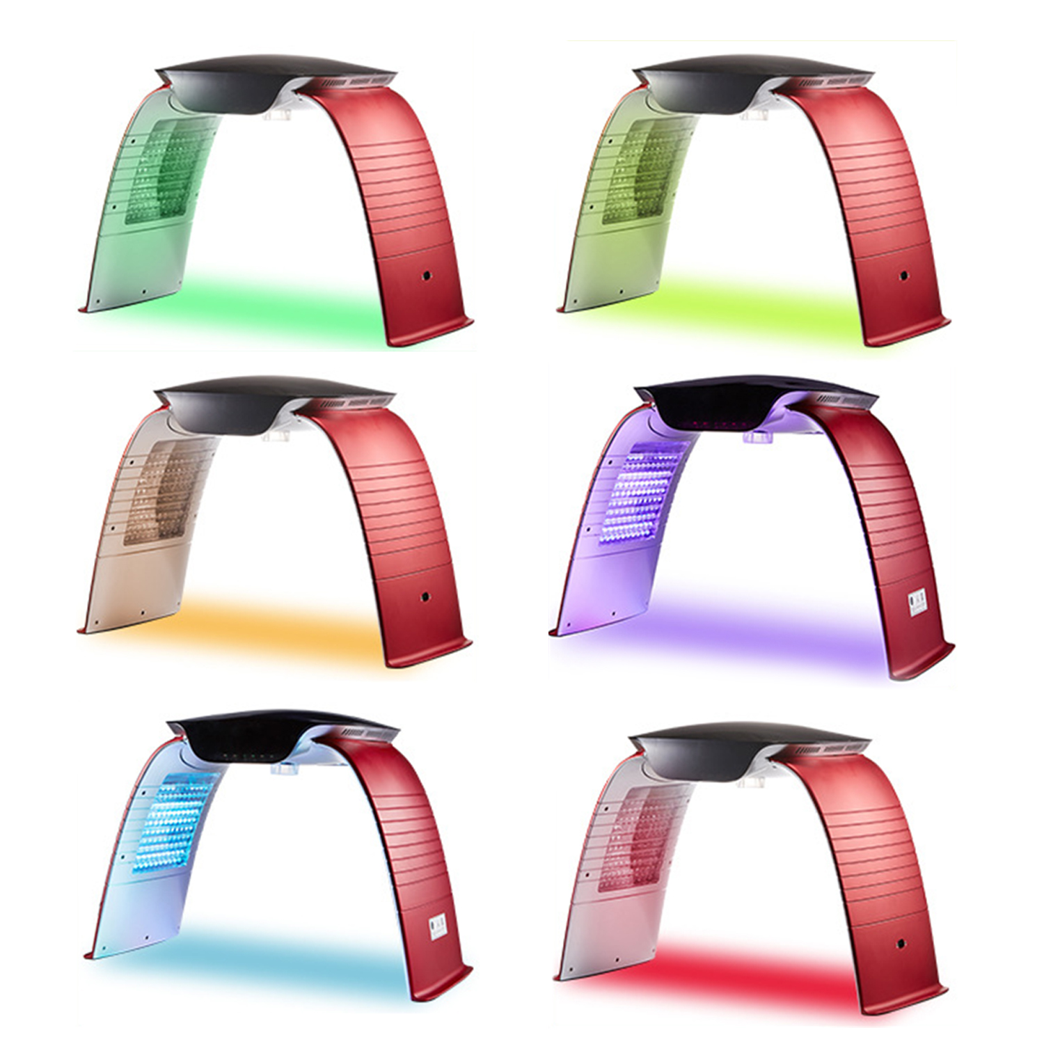 Sei immagini di dispositivi per la terapia della luce a LED, ciascuno con una luce di colore diverso. Cornici ad arco rosse con top neri e pannelli luminosi colorati.