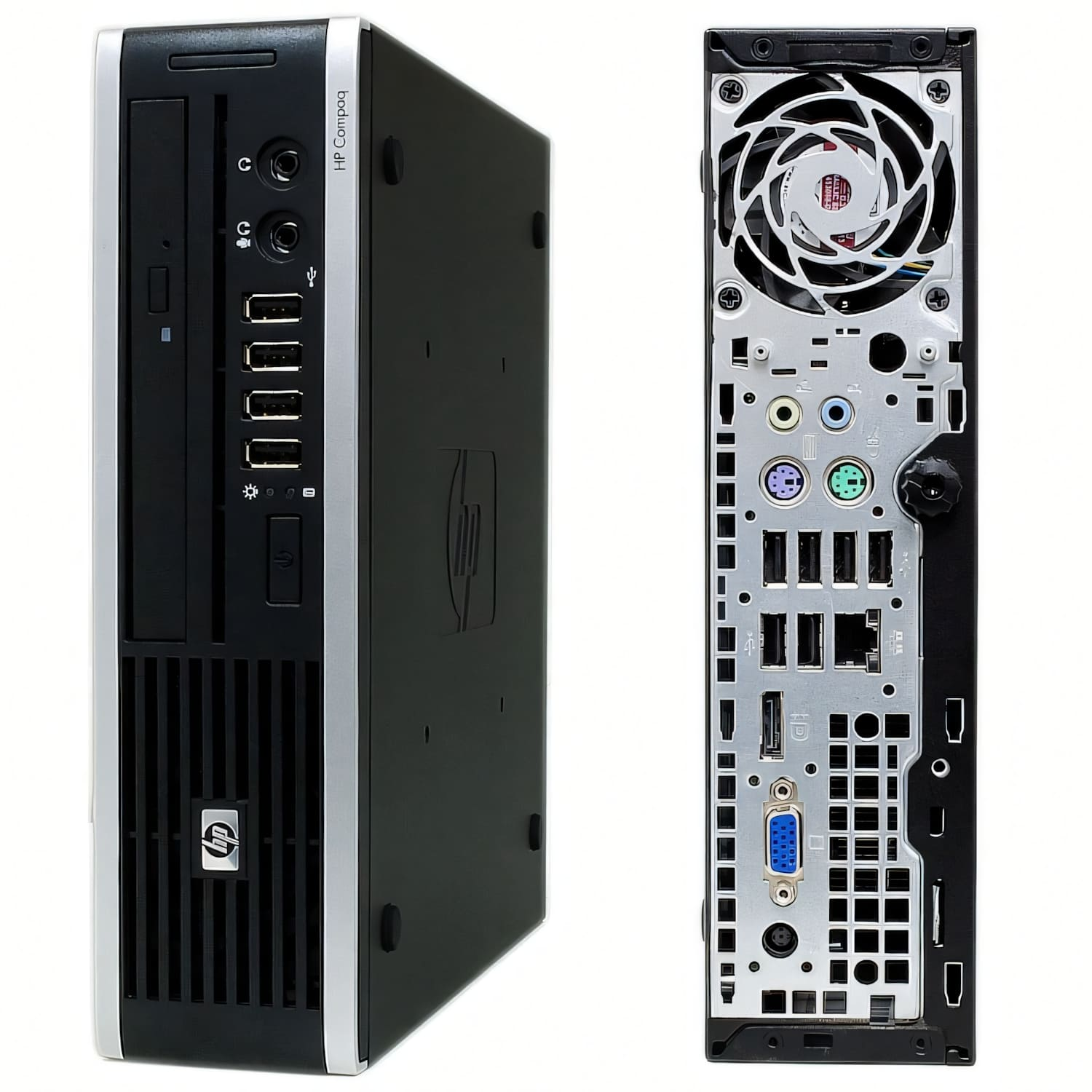 Una computadora de escritorio HP Compaq negra y plateada. El frente tiene puertos USB y una unidad de CD. La parte trasera tiene varios puertos y un ventilador.