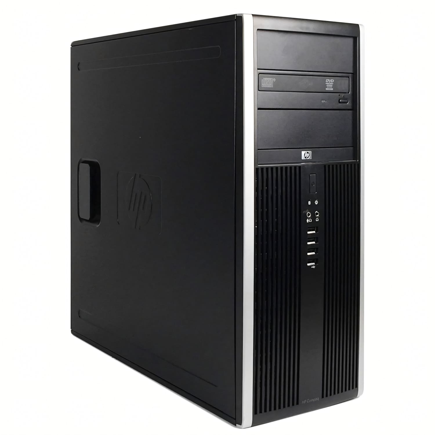 Una carcasa de ordenador de sobremesa HP Compaq negra. Tiene una unidad de CD, varios puertos y el logotipo de HP.
