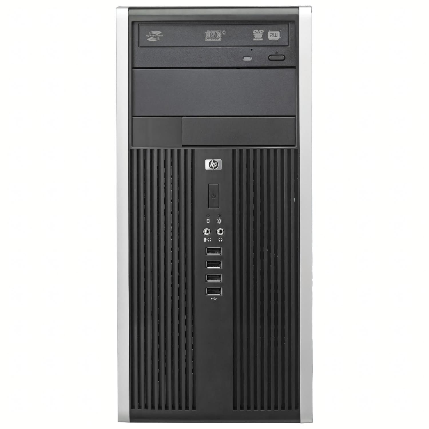 Una torre de computadora HP negra y plateada. Tiene una unidad de CD, una unidad de DVD y varios puertos. El logotipo de HP es visible.