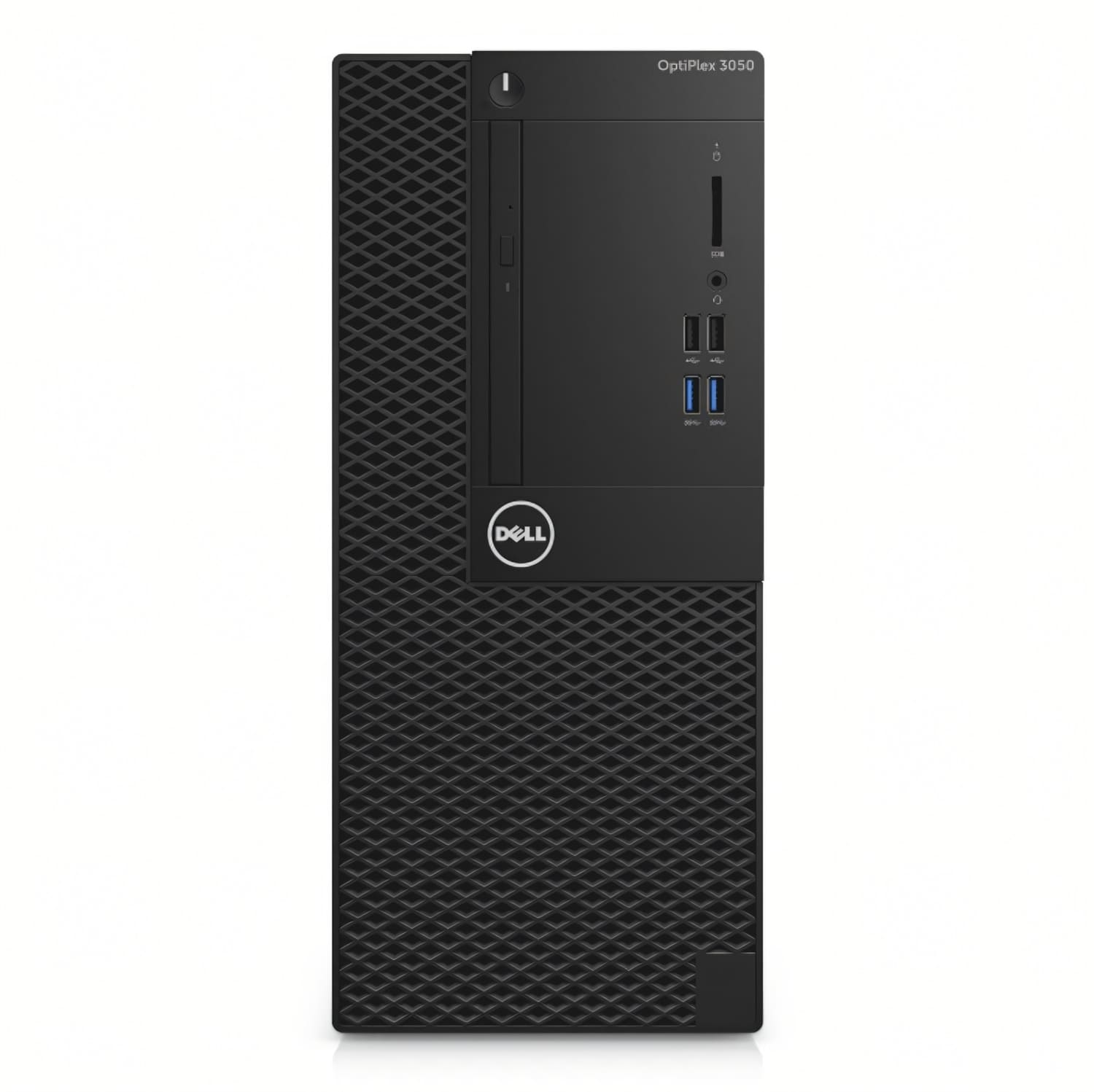 Una torre de ordenador Dell OptiPlex 3050 negra se alza verticalmente. Tiene un frontal con diseño, botón de encendido y varios puertos.