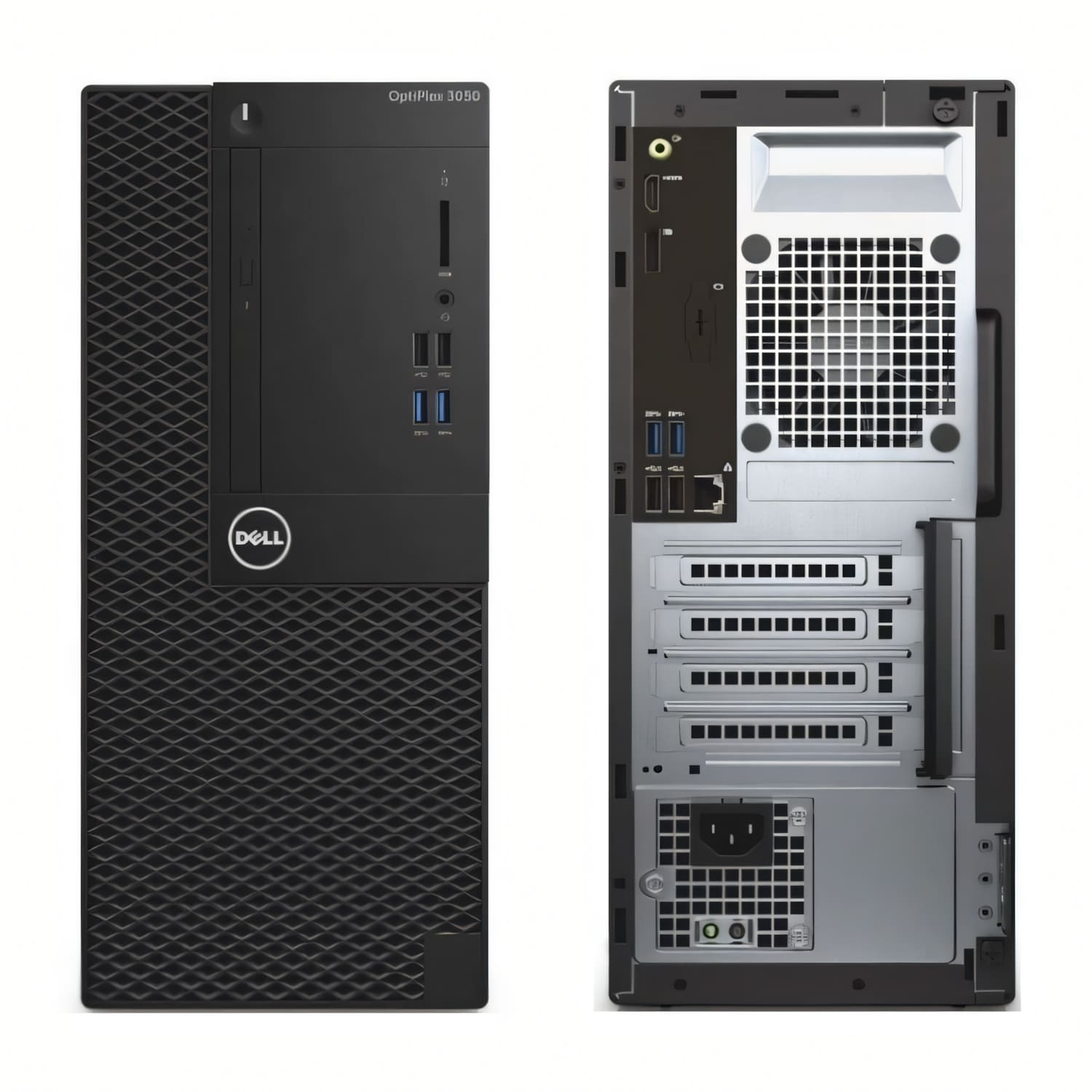 Una carcasa de ordenador Dell OptiPlex 3050. Vista frontal a la izquierda, vista trasera a la derecha. Negro y plateado con varios puertos.