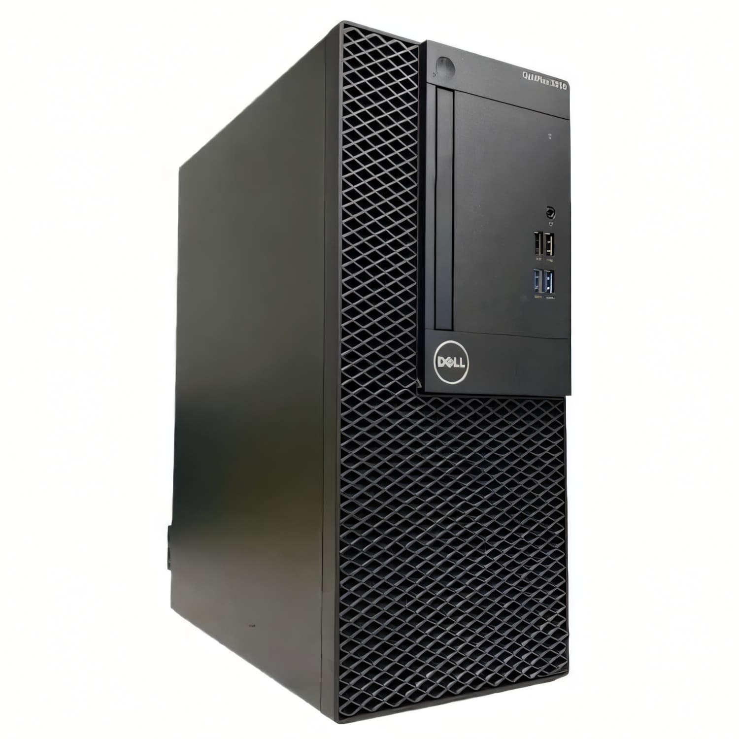 Una computadora de escritorio Dell OptiPlex 3010 negra. Tiene un frente de malla, el logotipo de Dell y varios puertos. El fondo es blanco.