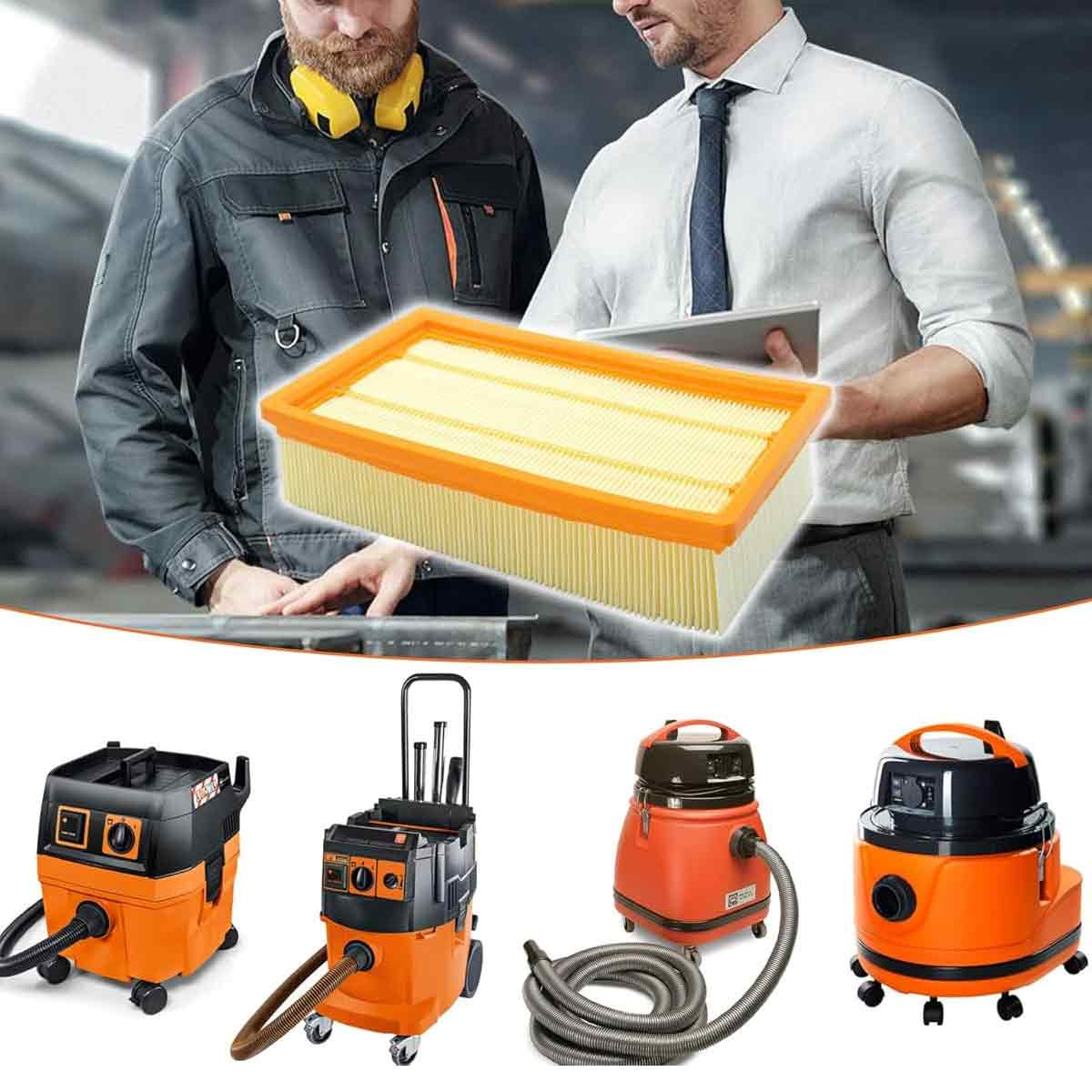 Zwei Männer mit Luftfilter und vier orangefarbenen Staubsaugern. Ein Mann trägt gelbe Kopfhörer. Der Filter ist rechteckig.