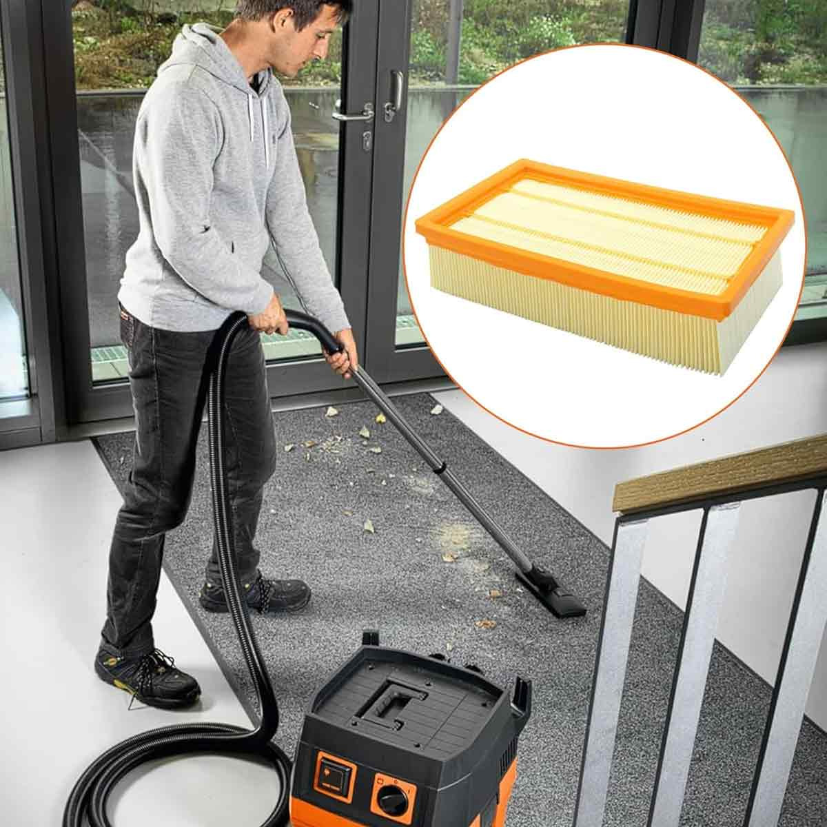 Ein Mann saugt einen grauen Teppich mit einem orange-schwarzen Staubsauger. Ein Luftfilter befindet sich in einem Kreis rechts oben.