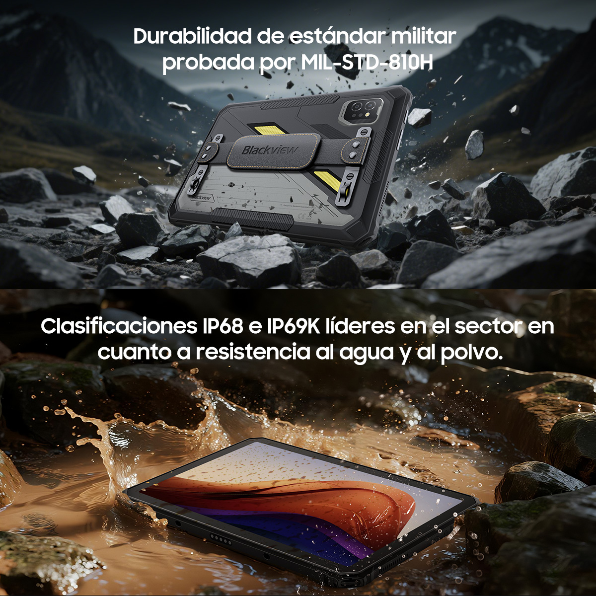 La imagen muestra una tableta duradera en agua. El texto menciona durabilidad estándar militar y resistencia al agua/polvo IP68/IP69K.