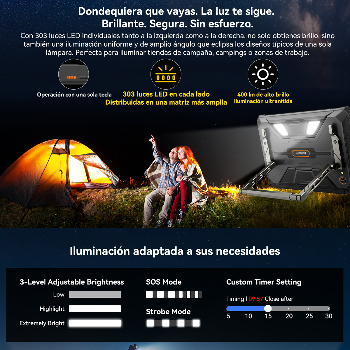 Una pareja señala las estrellas cerca de una tienda de campaña iluminada por una lámpara. Una luz portátil está a la derecha. El texto describe las características.
