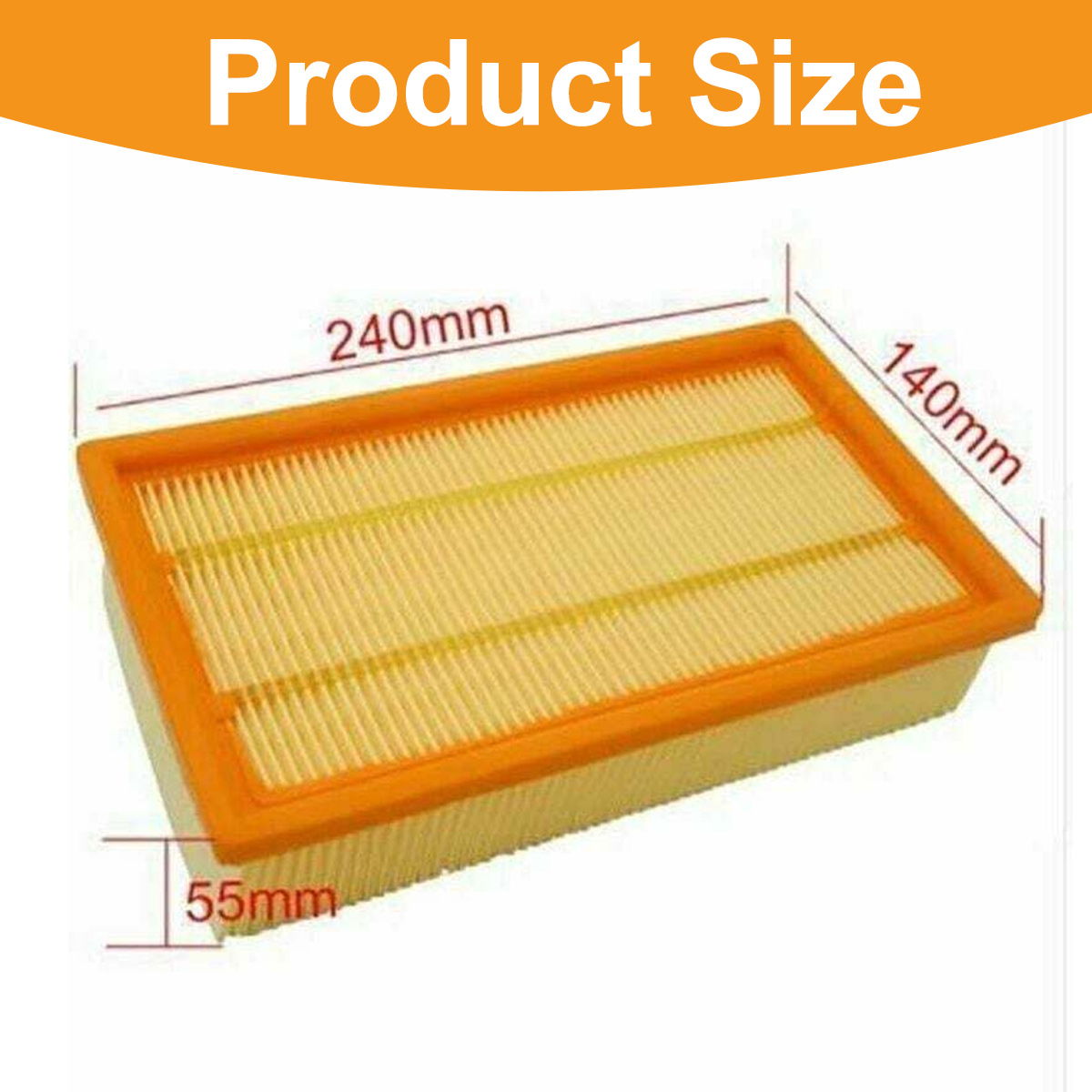 Ein Luftfilter mit den Maßen: 240 mm, 140 mm und 55 mm. Der Filter ist rechteckig mit einem orangefarbenen Rahmen.