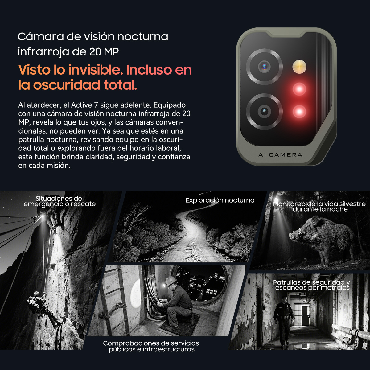 Imagen muestra cámara de visión nocturna con ejemplos: rescate, carretera, jabalí y seguridad. Texto: 'Ve lo invisible, incluso en la oscuridad'.