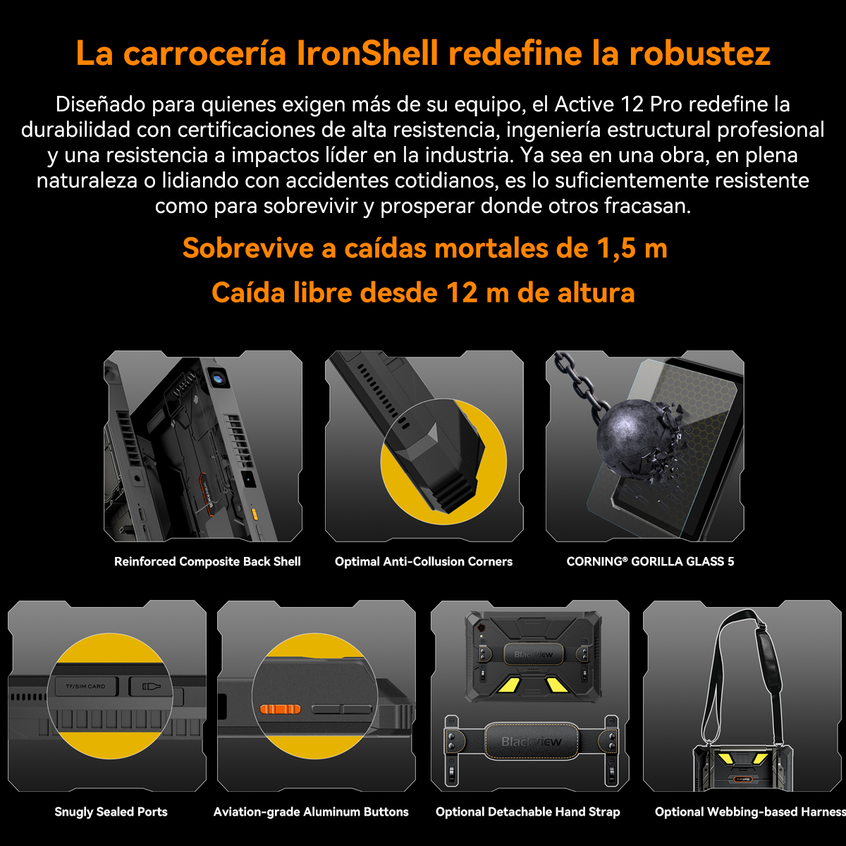 Imagen muestra un teléfono con varias características de protección: carcasa trasera, protección de esquinas, Gorilla Glass, puertos sellados y botones.