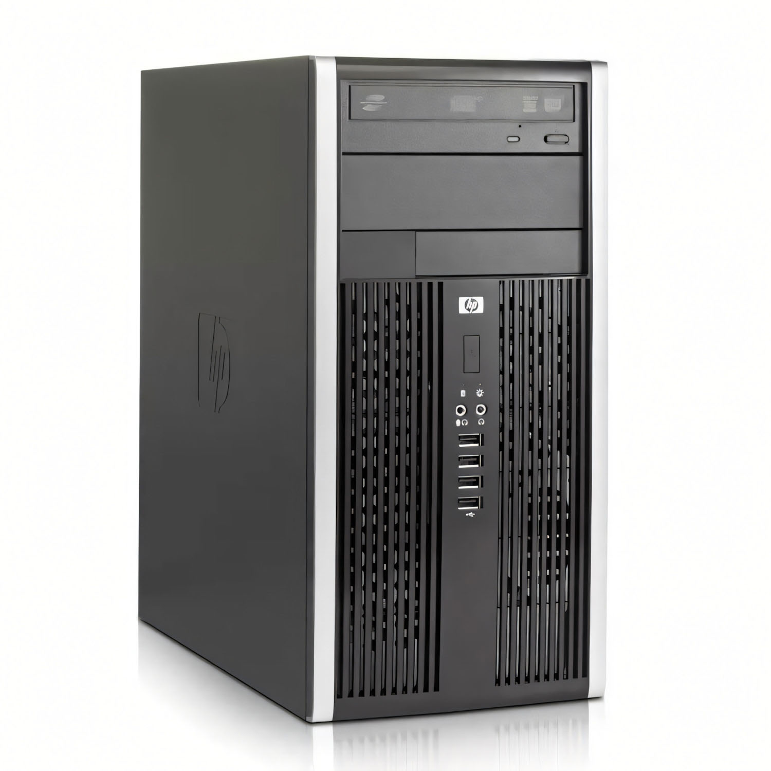 Una computadora de escritorio HP negra. El frente tiene ventilaciones, puertos USB y una unidad de CD. El logotipo de HP es visible.