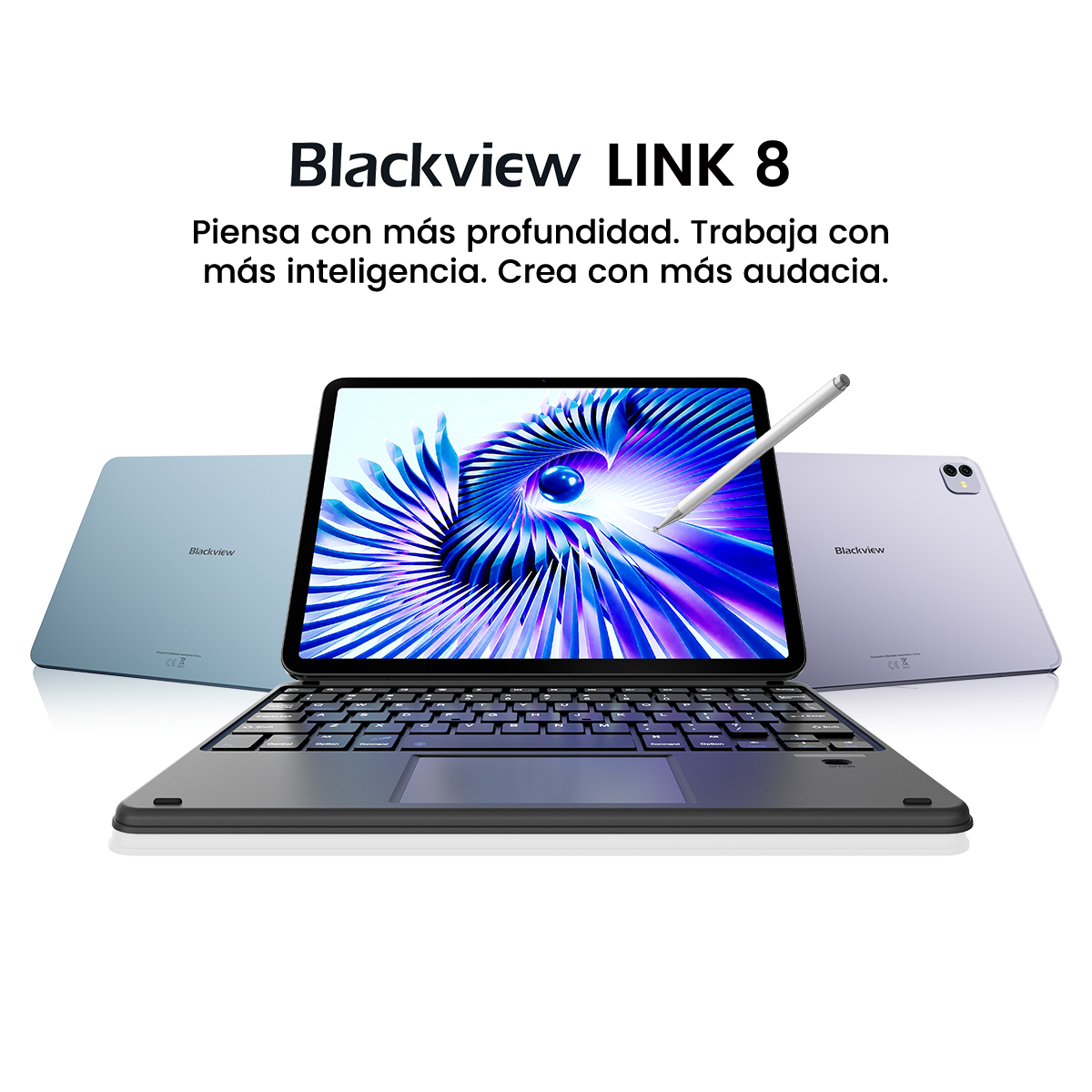 Tableta Blackview Link 8 con teclado y lápiz, tres tabletas, azul claro, morado y una tableta con una imagen abstracta azul y morada.
