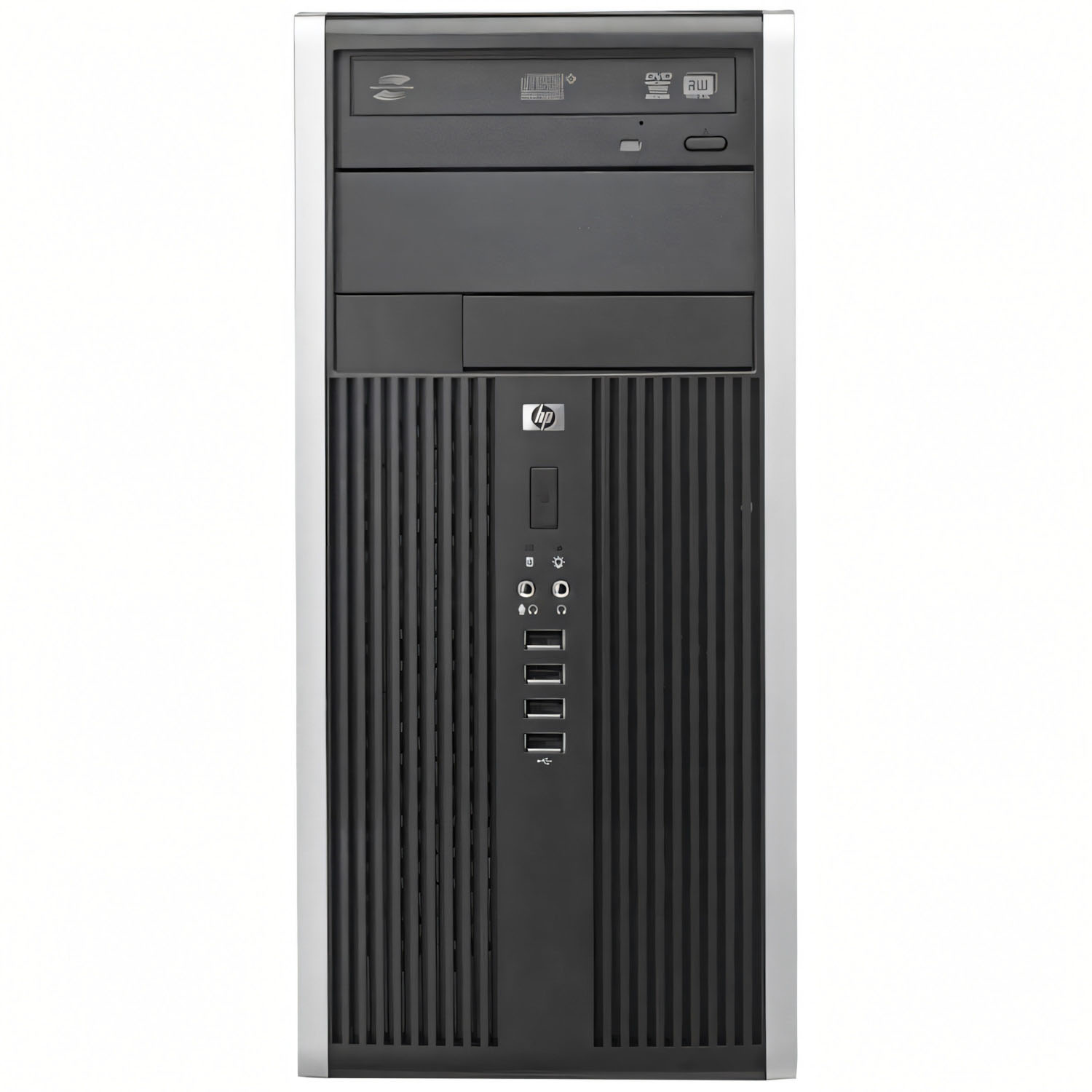 Ordenador de sobremesa negro y plateado centrado. Tiene unidad de DVD, logotipo de HP y ranuras verticales. Puertos USB y botón de encendido visibles.