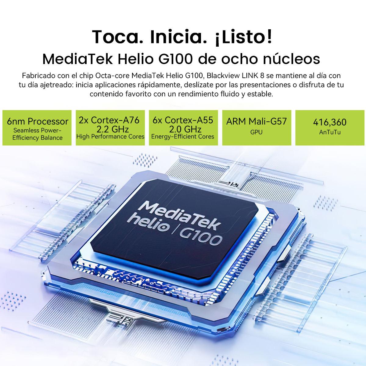 Un chip MediaTek Helio G100 con especificaciones, incluyendo núcleos de CPU y GPU. Superposición de texto incluye detalles de rendimiento.